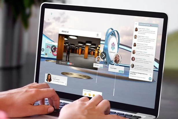 Person using a laptop with a virtual 3D interface for the Curiious Platform displaying an 'About us' video, chat messages, and digital graphics.