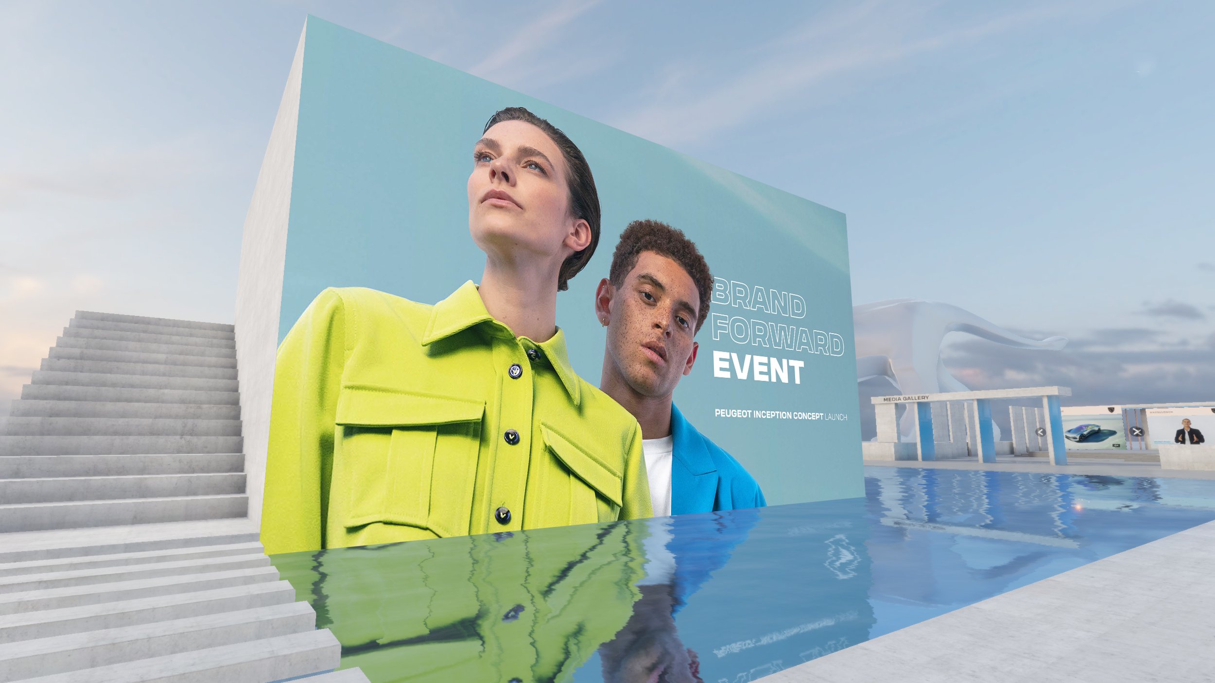 A large billboard with two young models, one in a bright yellow jacket and the other in a blue jacket, at a futuristic event for the Peugeot Inception Concept. The billboard reads 'BRAND FORWARD EVENT' and mentions the launch of the Peugeot Inception Concept.