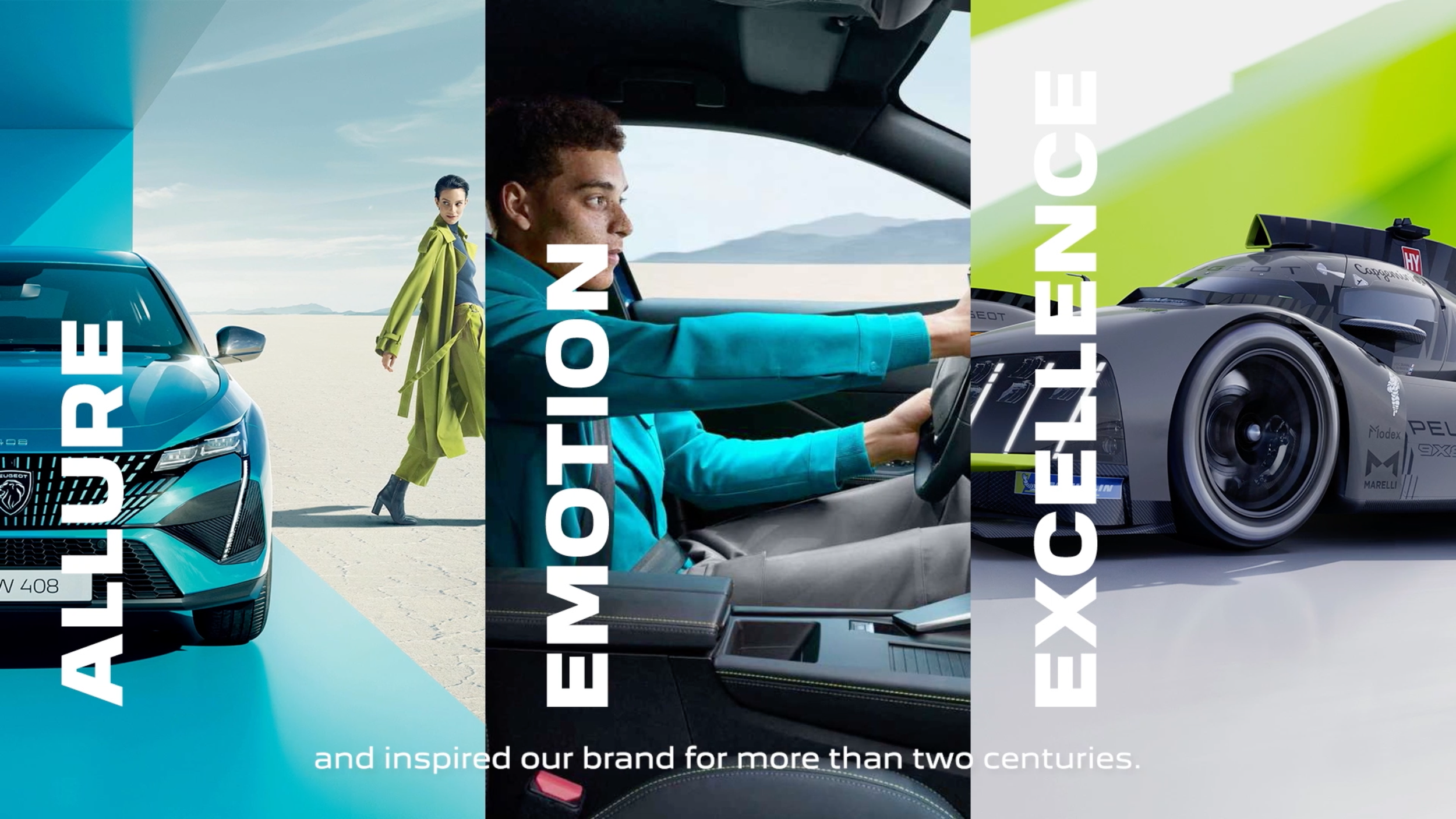 Collage image featuring a blue Peugeot car, a woman in yellow jacket walking outdoors, a man driving a car, and a racing car, with text overlay promoting Peugeot's legacy and inspiration.