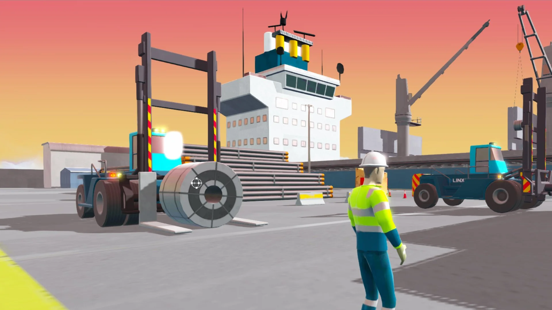A construction site on an airport tarmac during sunset with construction vehicles, equipment, and a worker in a reflective vest and helmet.