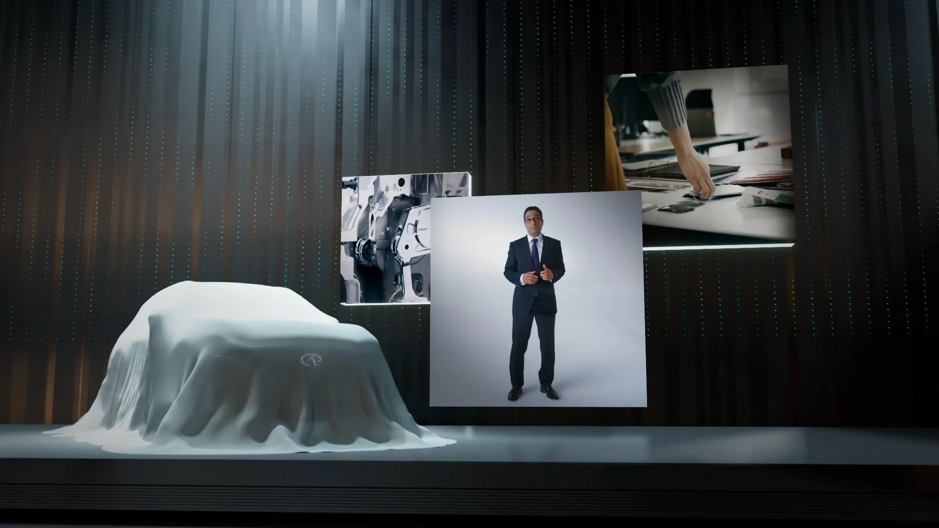 A covered new car on display, surrounded by images of automotive components, a business professional speaking, and office supplies on a black background with futuristic design elements.