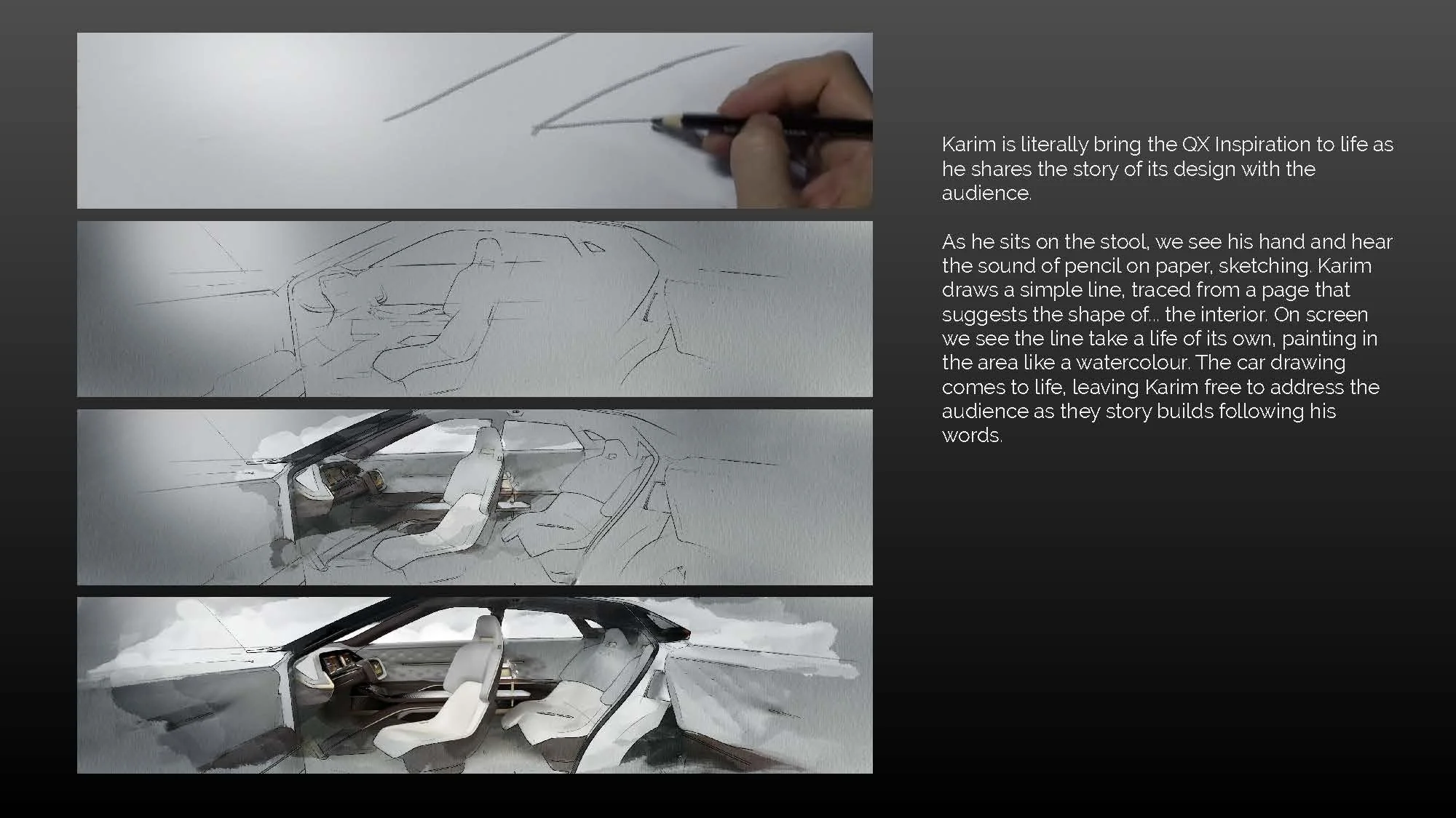 A sequence of images showing the design process of a car interior. The first image shows a hand sketching with pen. The second shows a rough drawing of a person sitting inside a car, indicating the interior layout. The third is a digitally rendered i