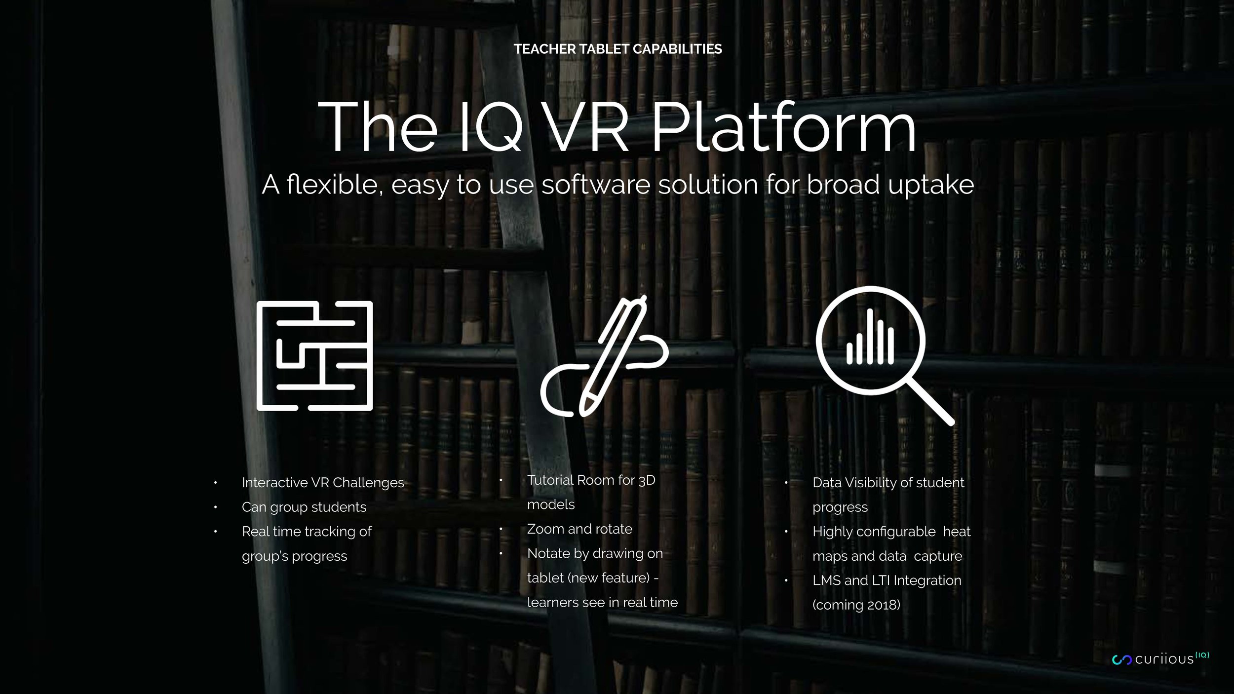 A digital presentation slide with the title 'The IQ VR Platform' and subtitle 'A flexible, easy to use software solution for broad uptake'. The slide includes icons representing a code block, a pencil, and a magnifying glass with data bars. The backg