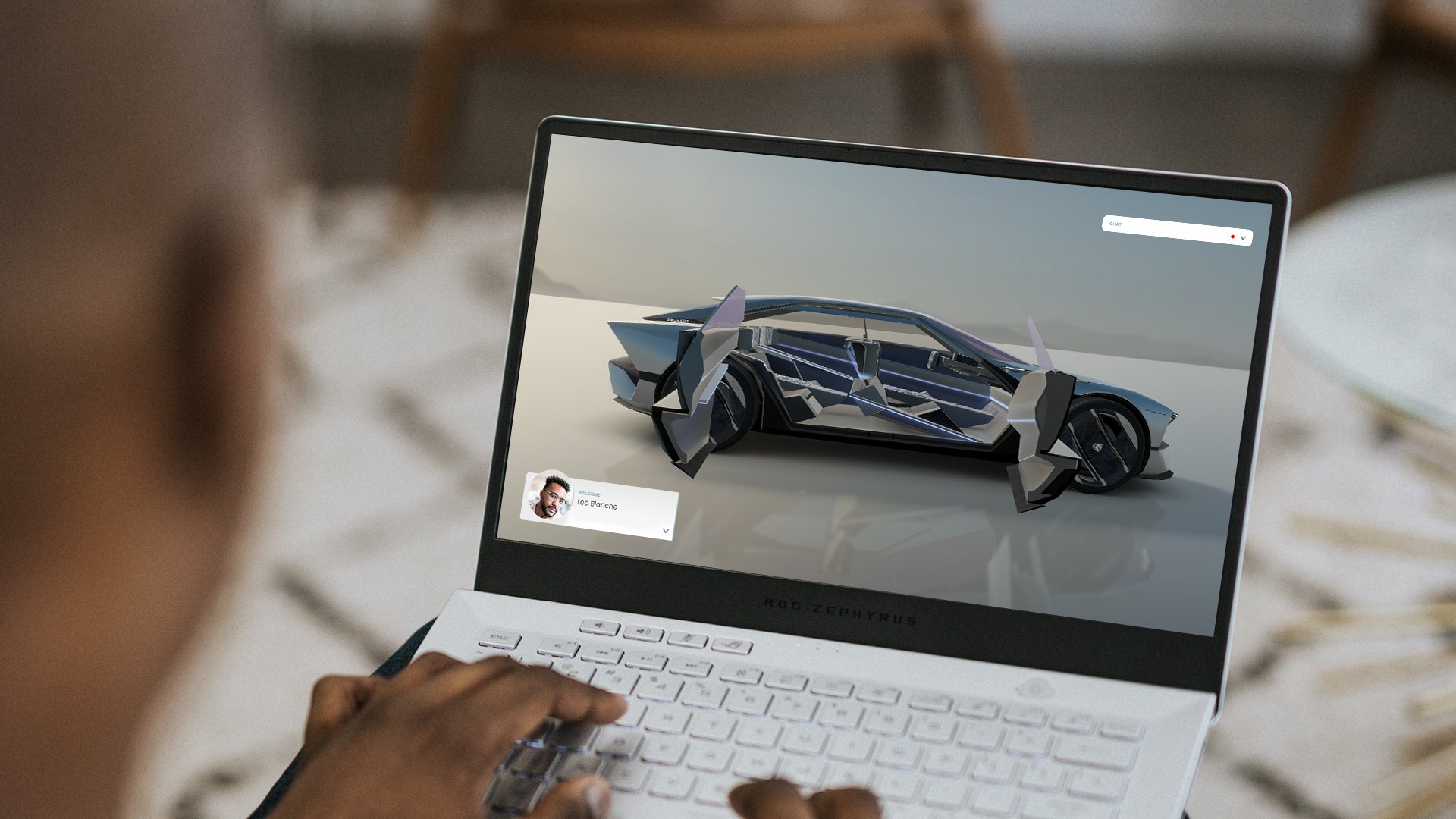 Person using a laptop to view a 3D digital model of a futuristic sports car with open doors.