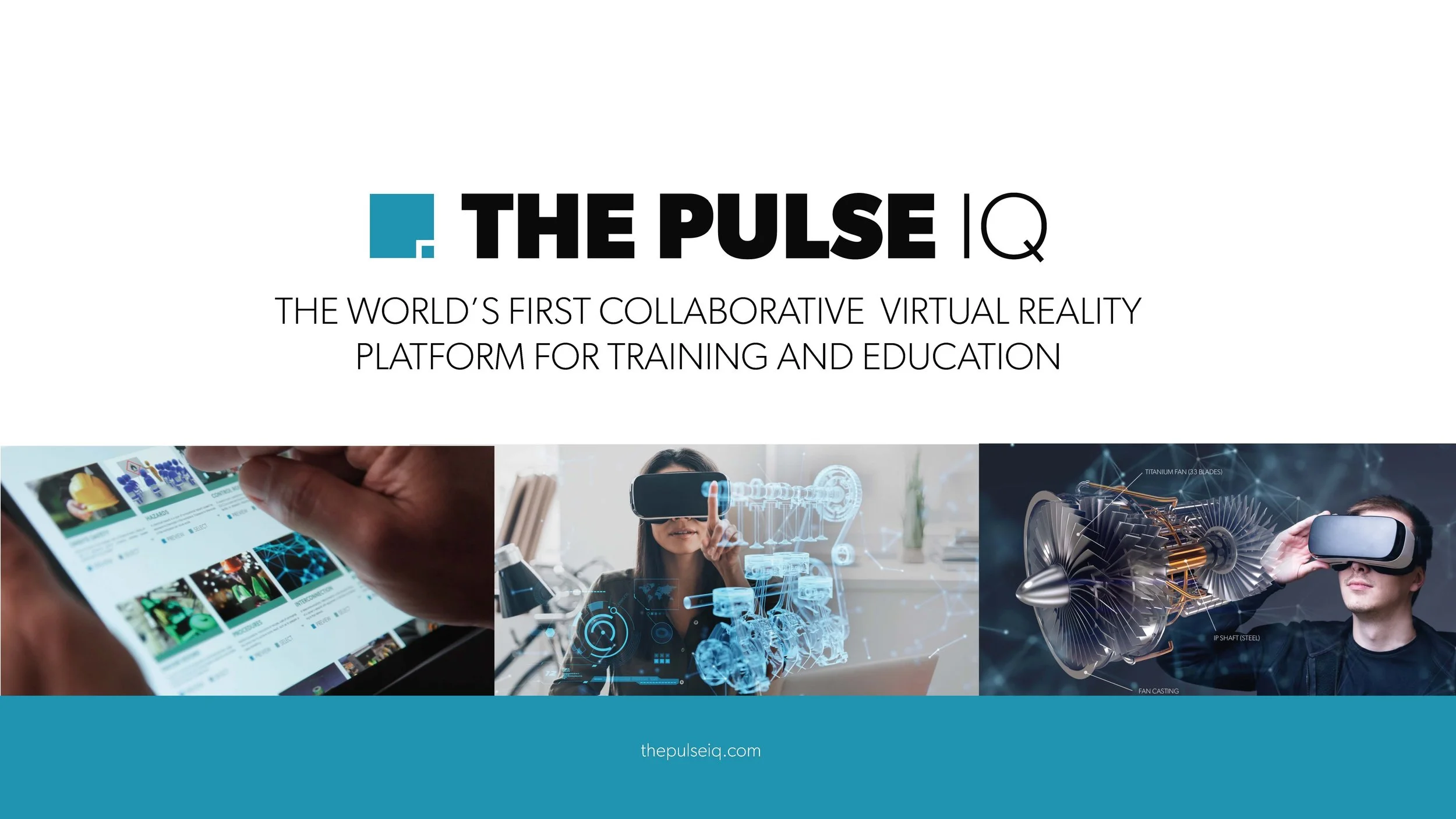 Logo of The Pulse IQ, a virtual reality training and education platform, with images of people using VR headset and advanced technology.
