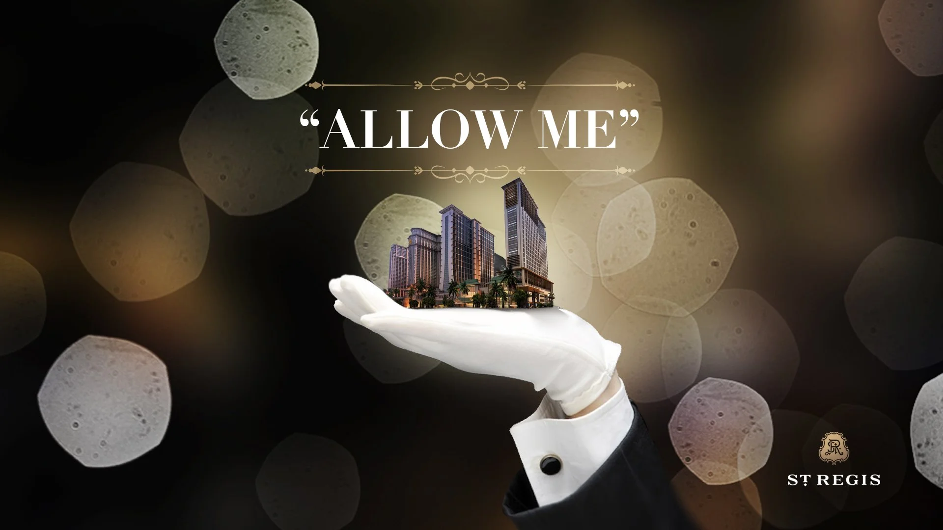 A hand in a white glove holds a glowing cityscape with tall buildings and palm trees, with the words 'Allow Me' above it, against a dark background with blurry light orbs.