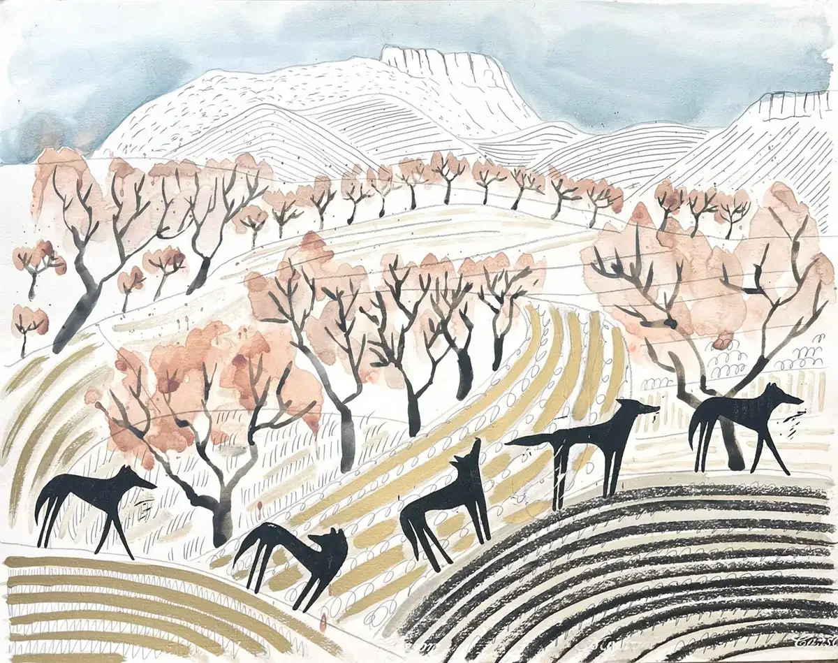 Coyotes
65 x 50 cm. 2025
Aquarel, Charcoal, Pencil and Lino-print on Paper.