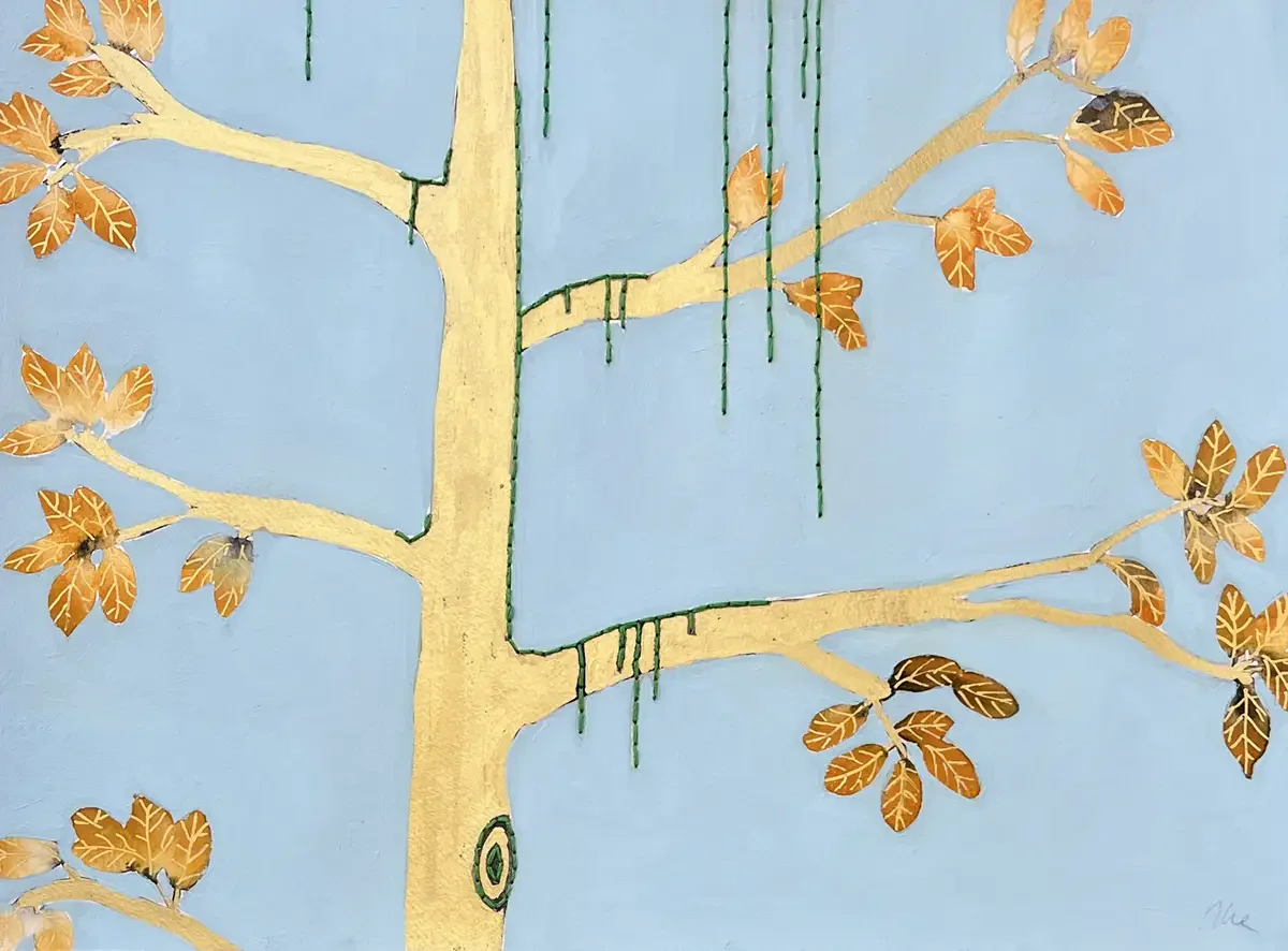 The golden Tree. 36 x 48 cm. 2026. Aquarel, Acrylic and Embroidery on Paper.