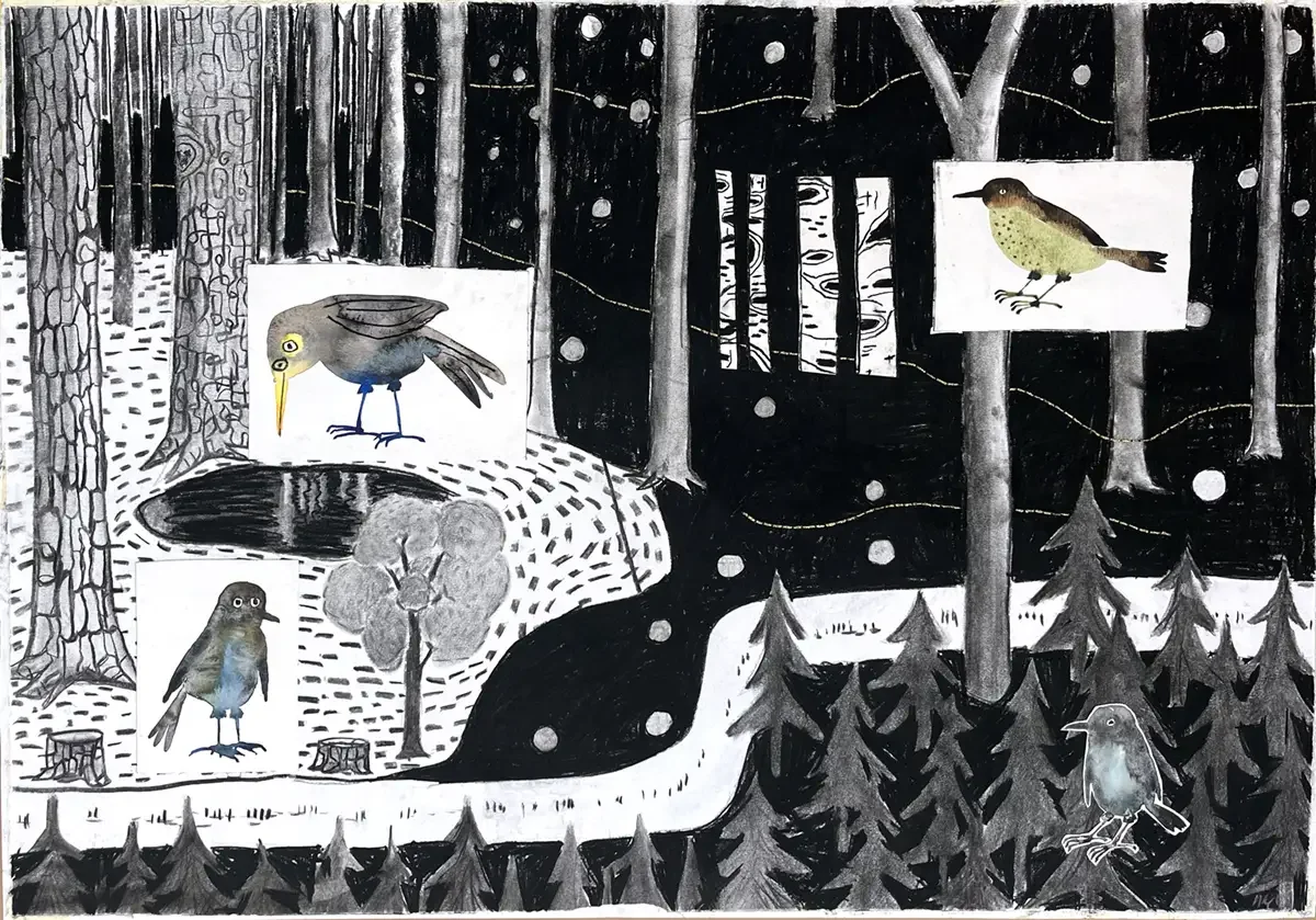 Mindmap of a Memory. 100 x 80 cm. 2025. Charcoal, Aquarel, Collage and Embroidery on Paper.