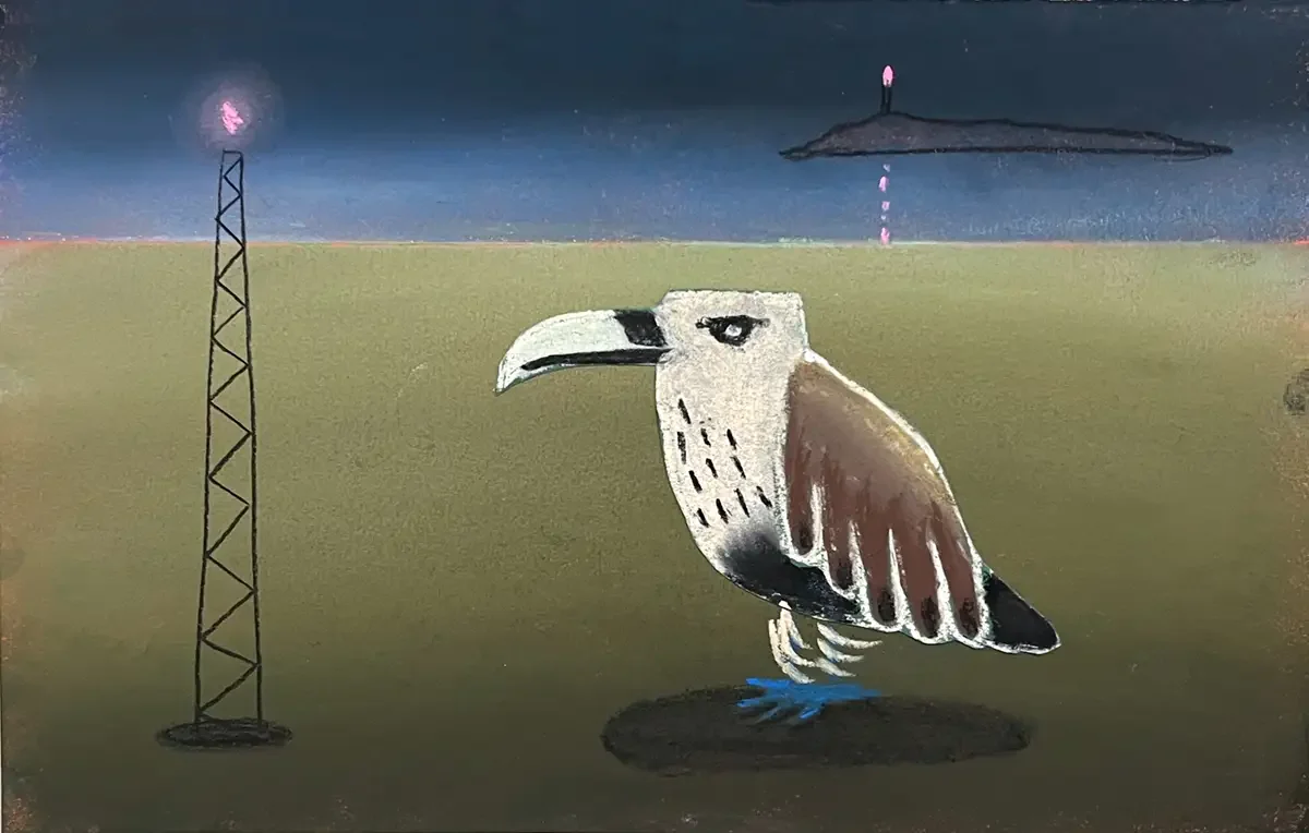 The Vulture. 25 x 16 cm. 2025. Softpastel and Collage on Paper.