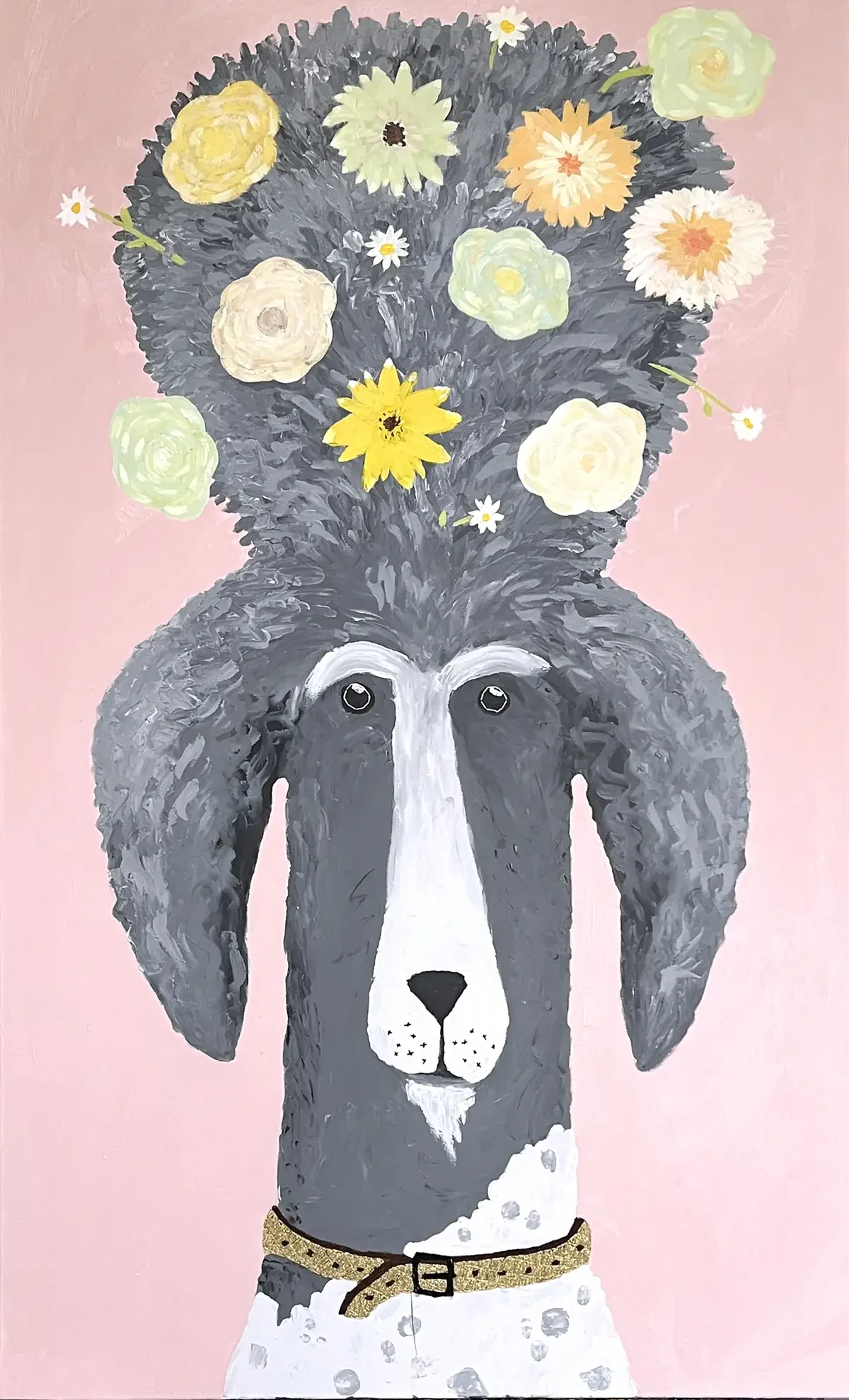 KingPoodle Portrait with Fowers. 90 x 140 cm. 2026. Acrylic and Oil on Canvas