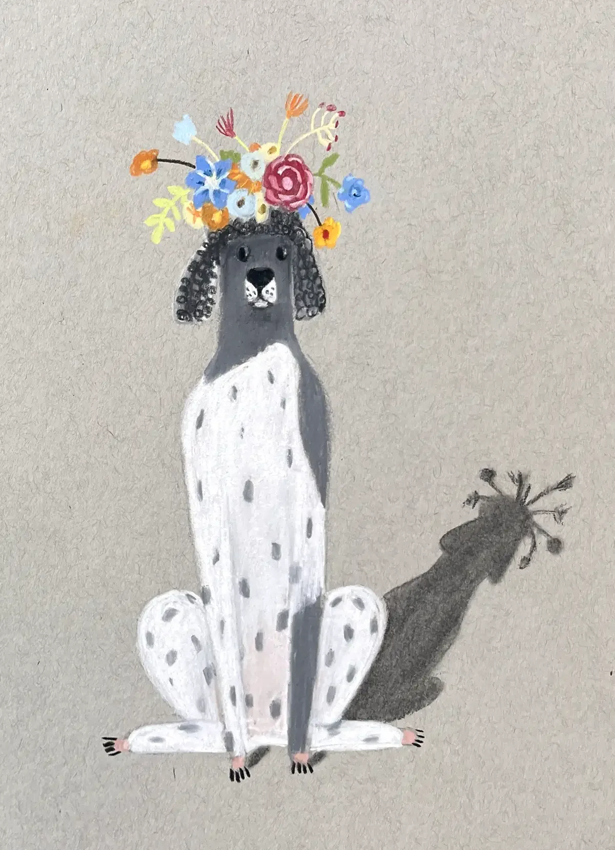 Poodle with flowers 03. 20 x 29 cm. Softpastel on paper