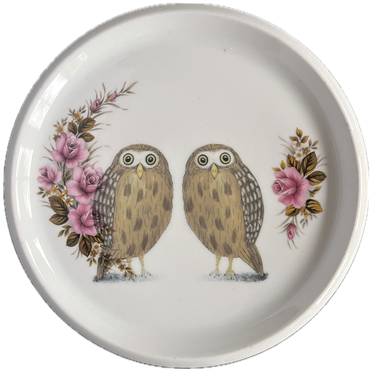 Plate with Two Owls and Pink Flowerd