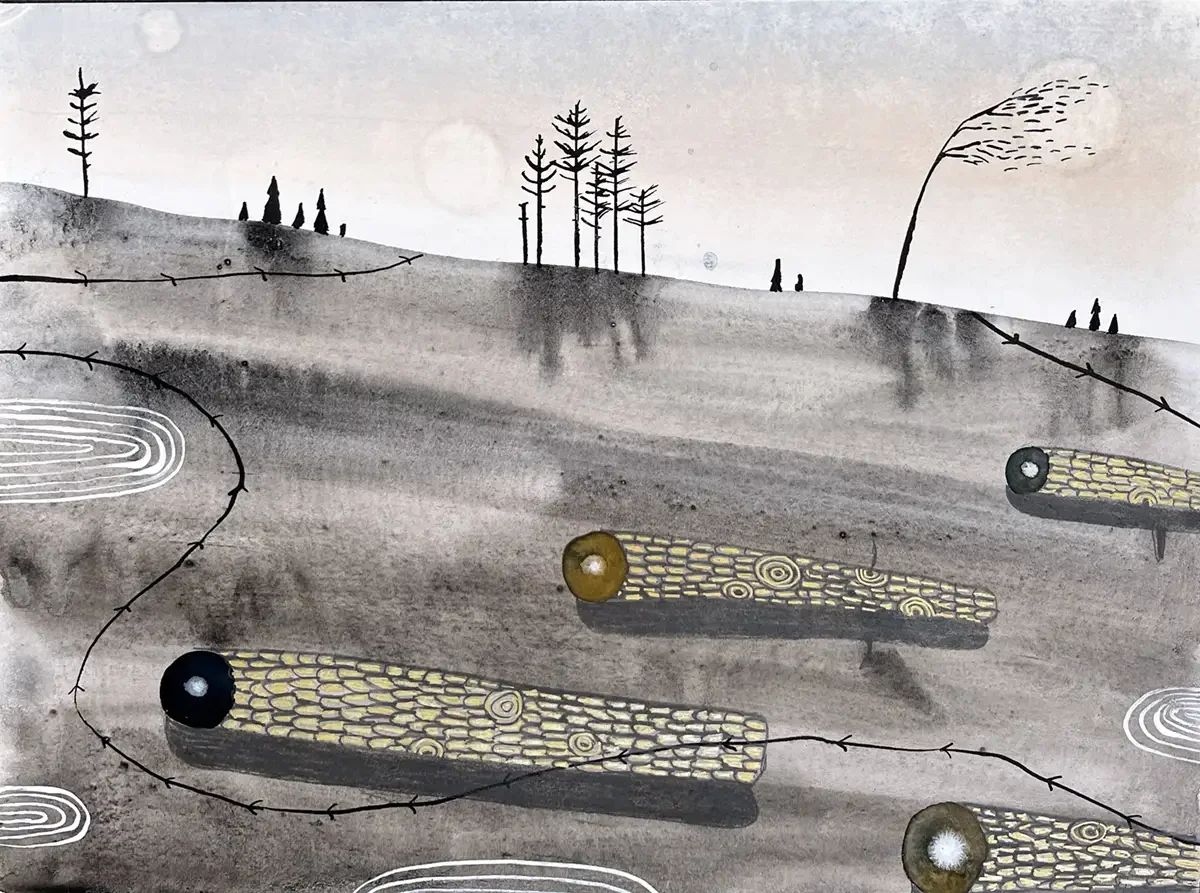 Sauerland. 32 x 24 cm. 2023. Aquarel, Ink, Acrylic, Soft pastel and Ink on Paper.