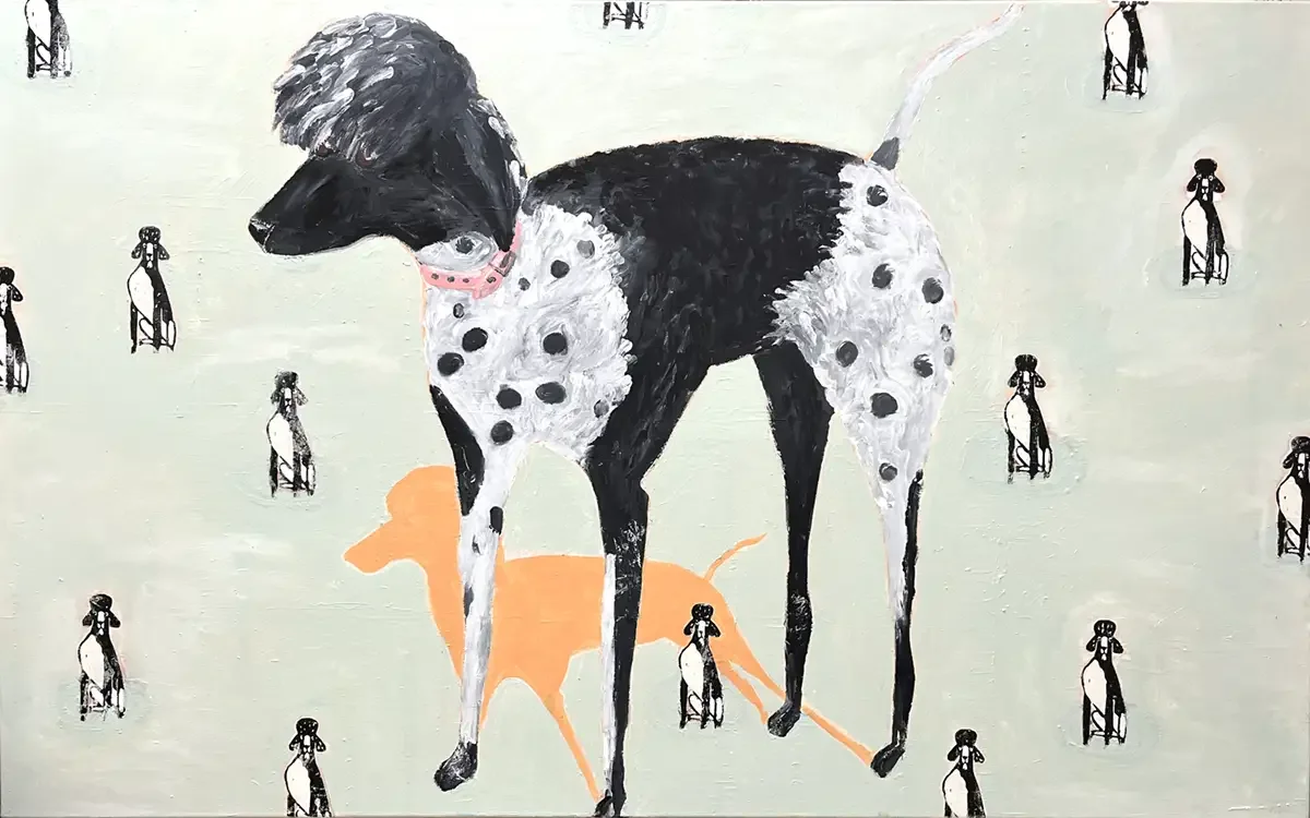Poodle with Poodles. 100 x 160 cm. 2025. Acrylic, Oilstick and Linoprint on Canvas.