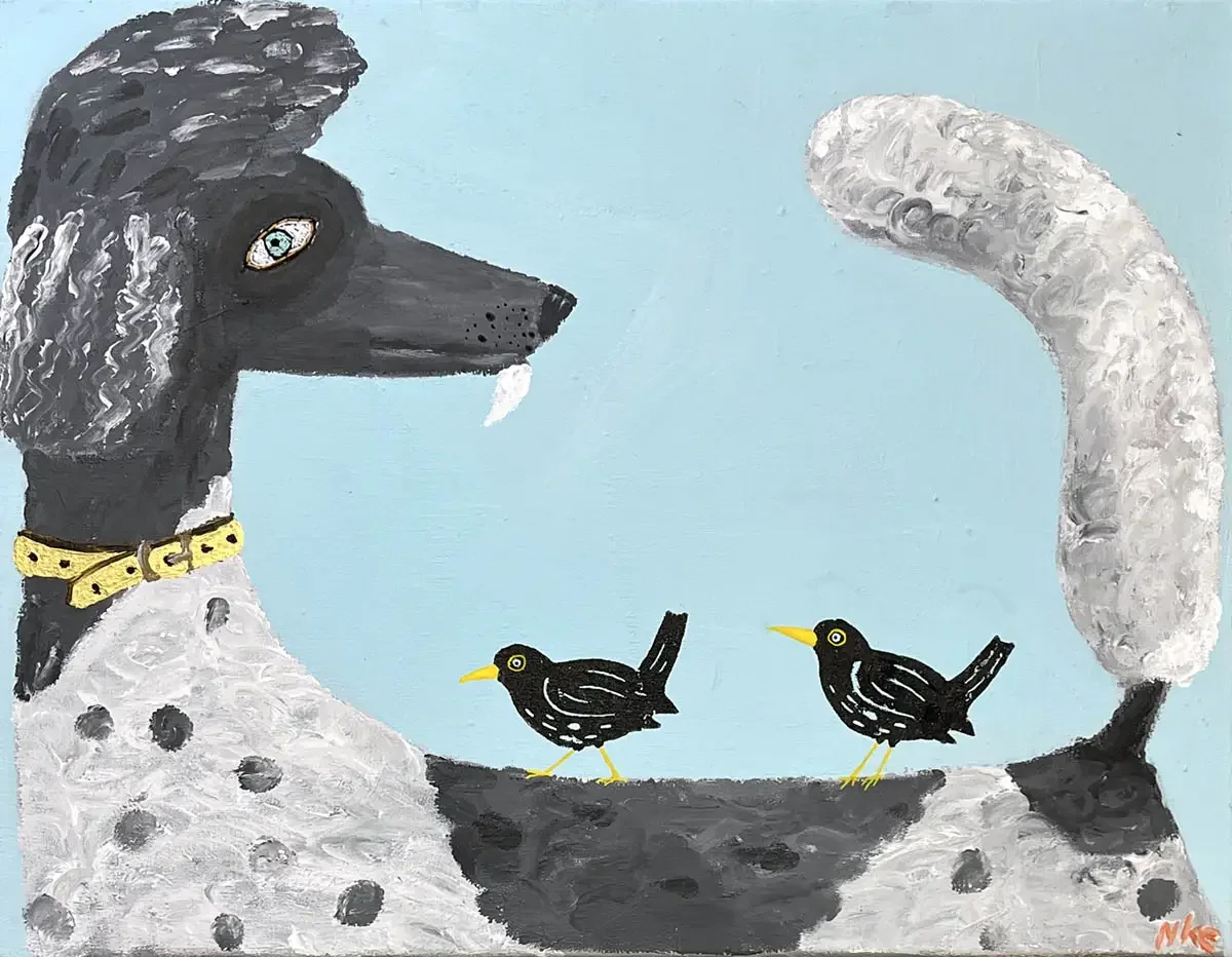 Poodle with birds.webp