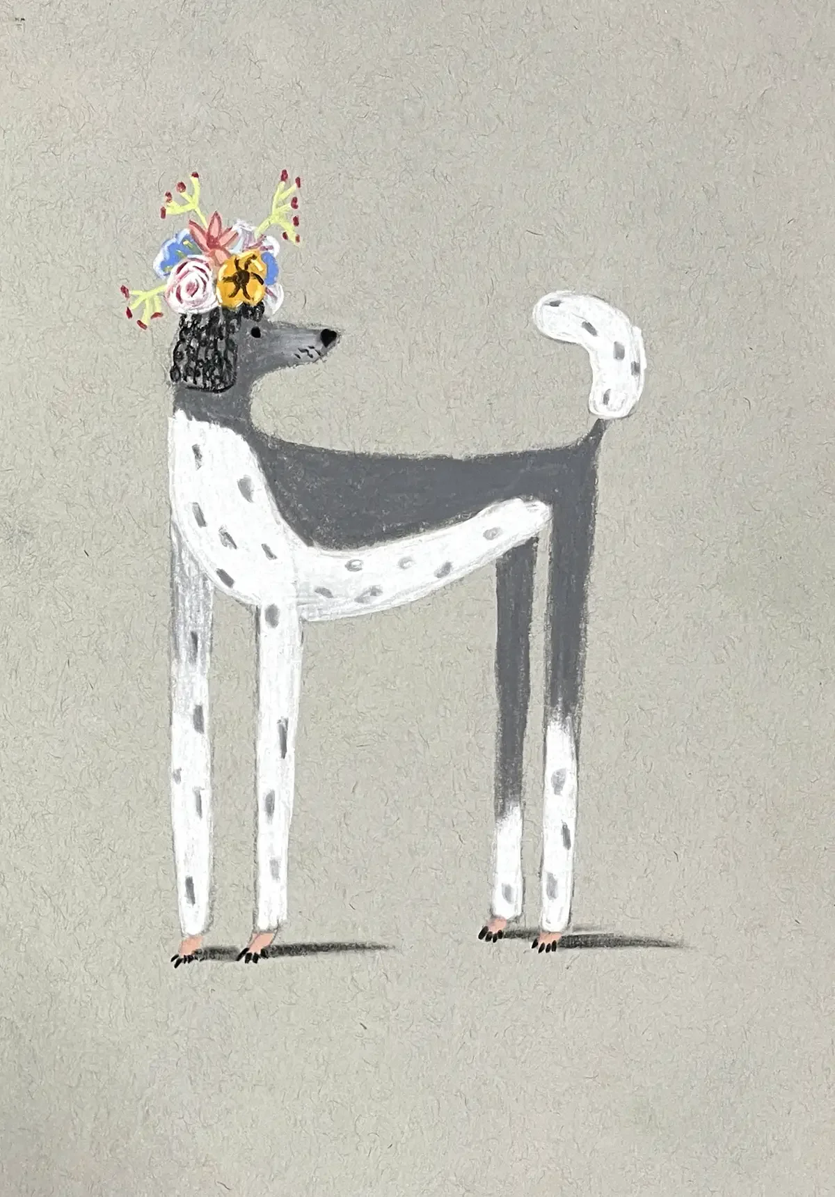 Poodle with flowers 02. 20 x 29 cm. Softpastel on paper