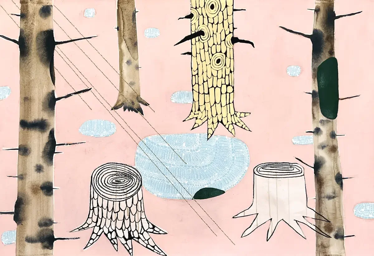 The End of Winter 02. 100 x 70 cm. Aquarel, Acrylic, Charcoal, Inkl and Embroidery on Paper.