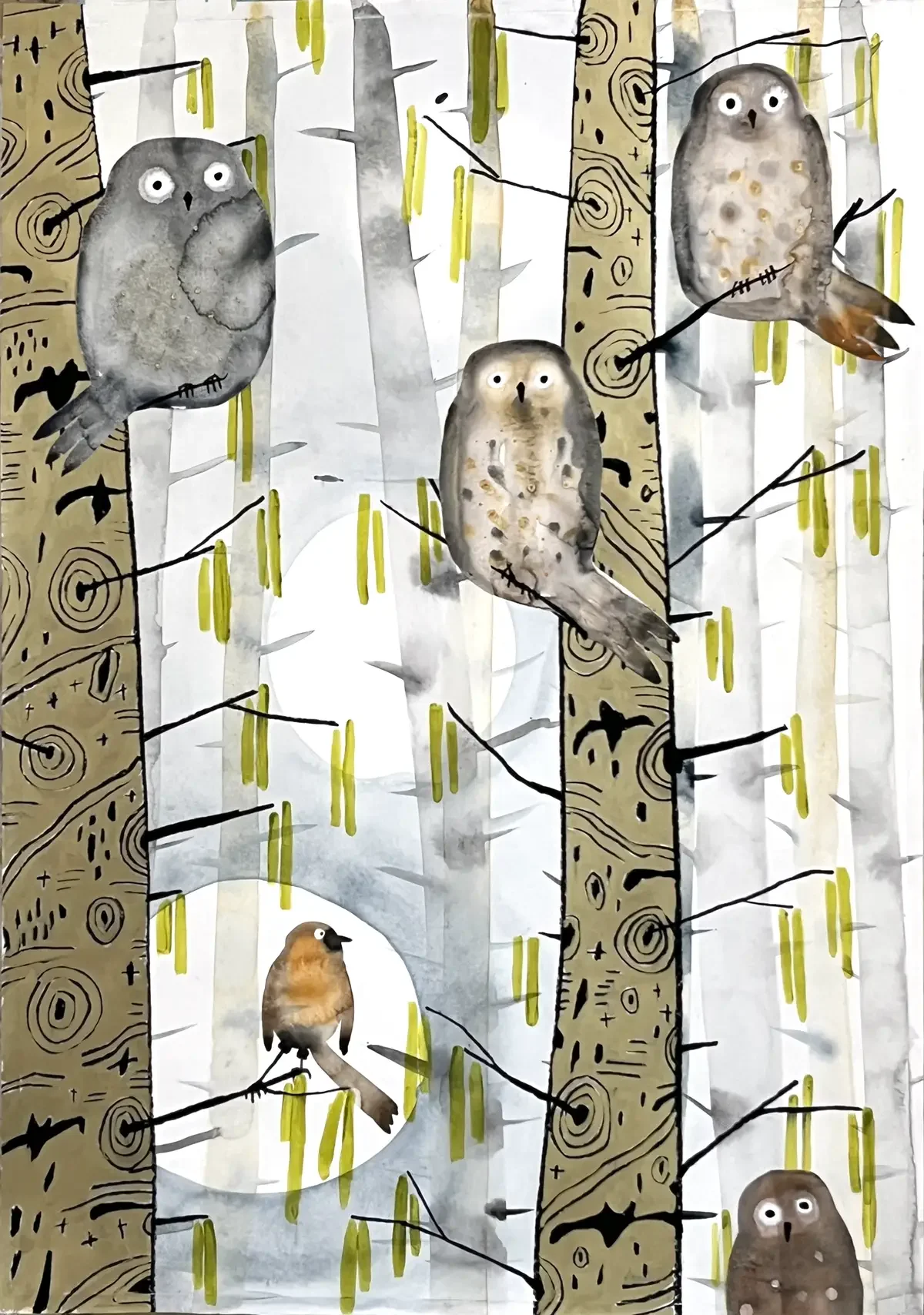Owl tree. Aquarel, Acrylic, Crayon and Collage on Paper. 70 x 100 cm. 2026