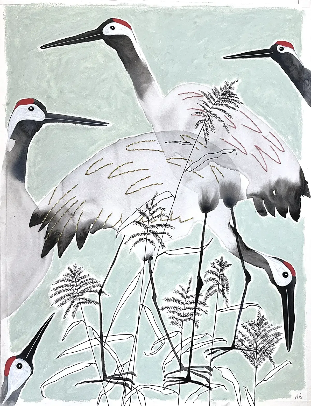 Cranes. 50 x 65 cm. 2020. Aquarel, Ink, Oil Stick and Embroidery on Paper.