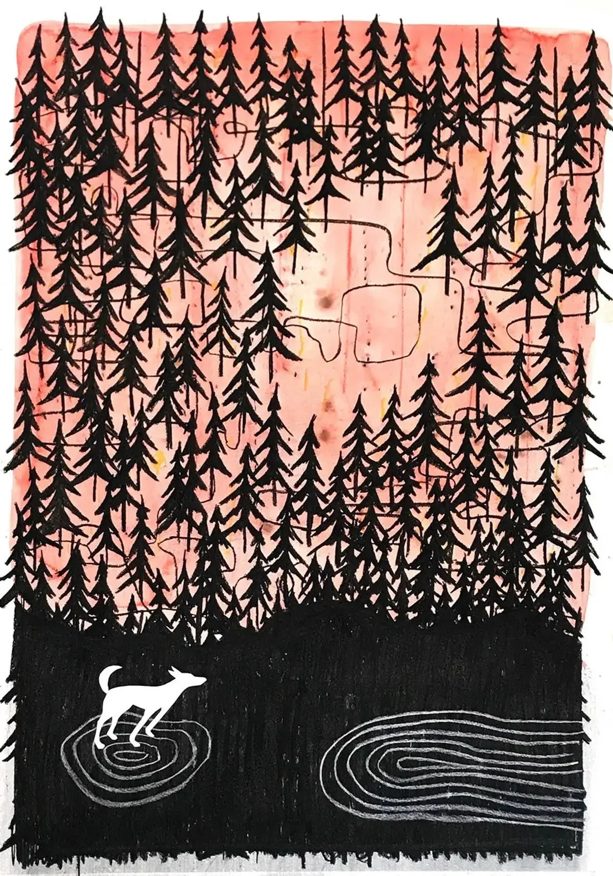 A Walk in the Woods
70 x 100 cm
Aquarel, Crayon and Collage on Paper.