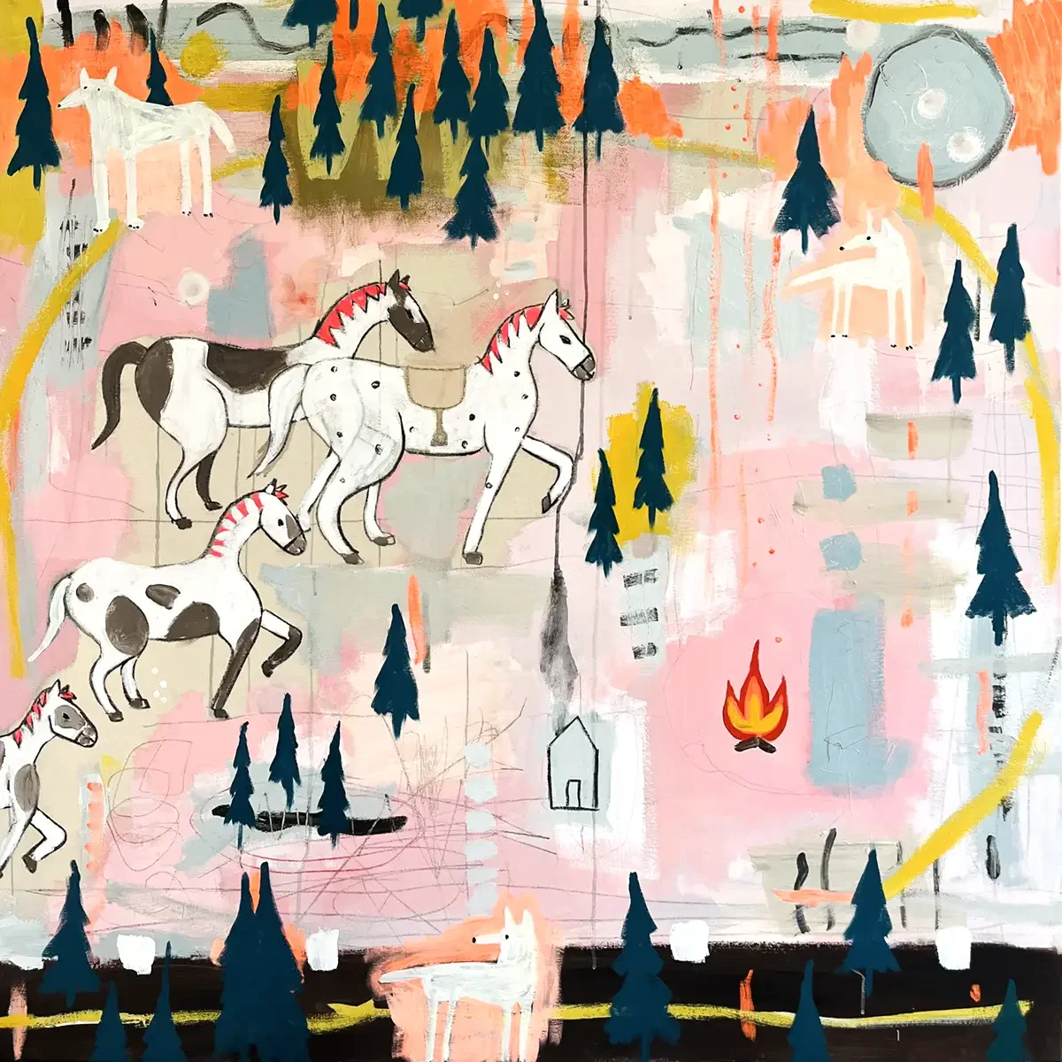 The Fire. 130 x 130 cm. 2026 Acrylic and Embroidery on Canvas