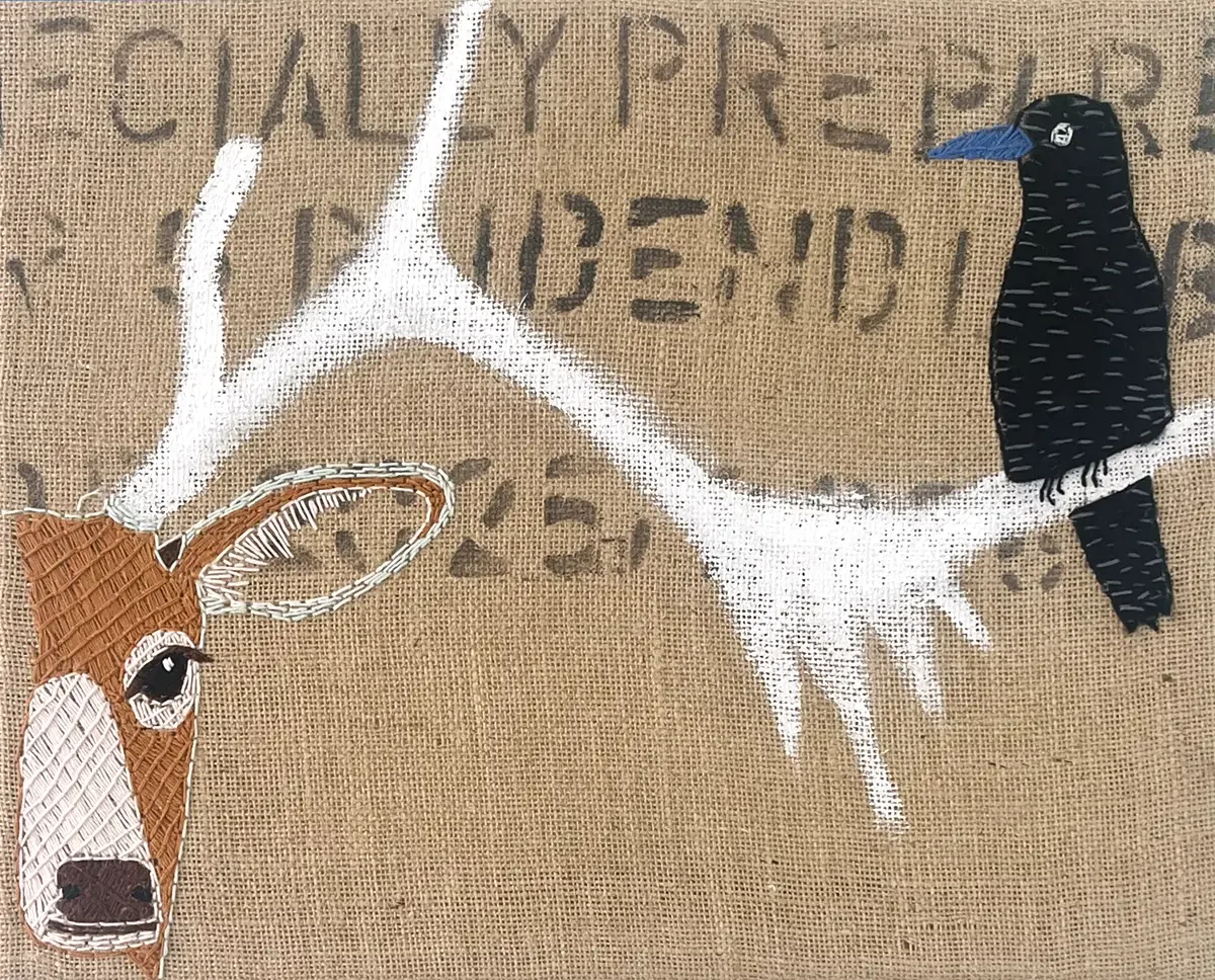 Deer and Bird. Mixed Media on Jute. 50 x 40 cm. 2026