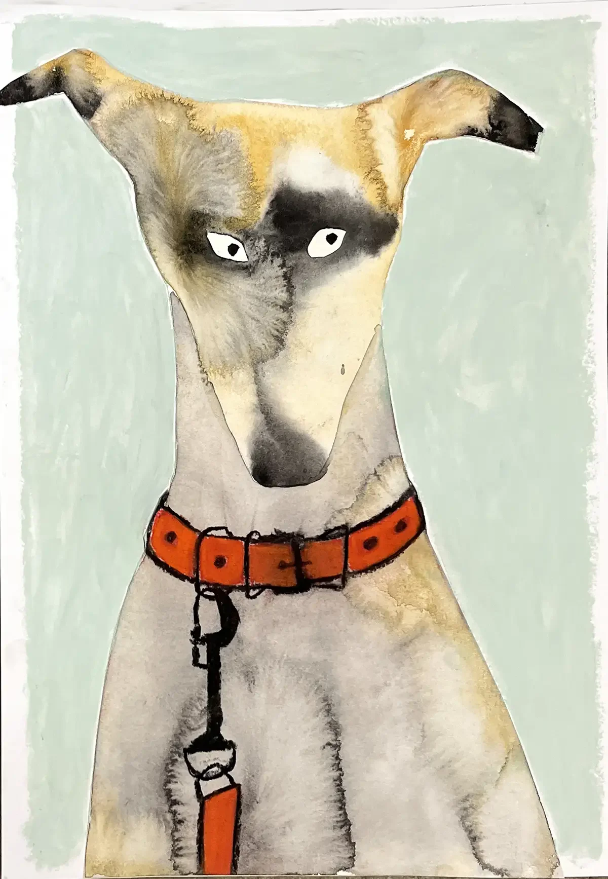 The dog. 40 x 50 cm. 2020. Aquarel, Crayon, Collage and Oil Stick on Paper.