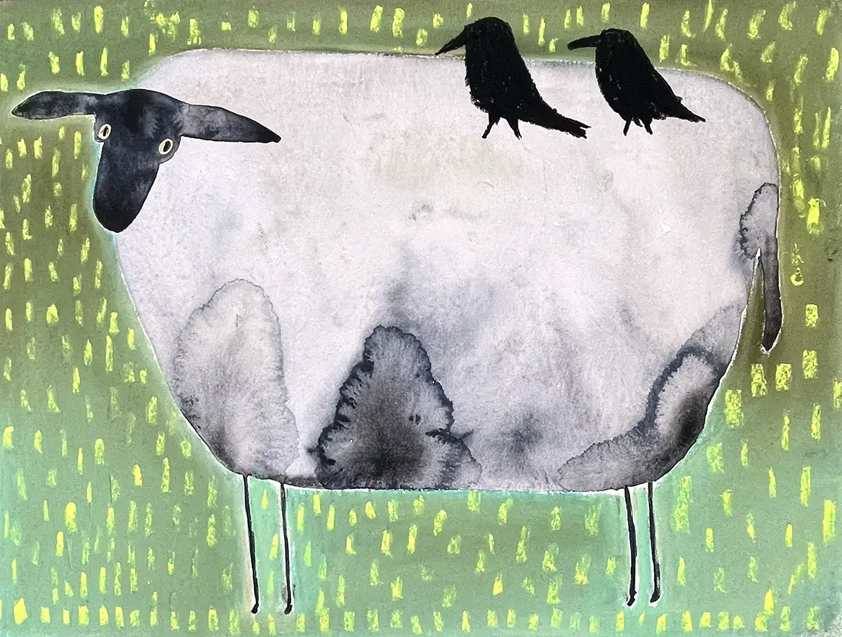 The Sheep and the Crows. 40 x 30 cm. 2026. Aquarel and Softpastel on Paper