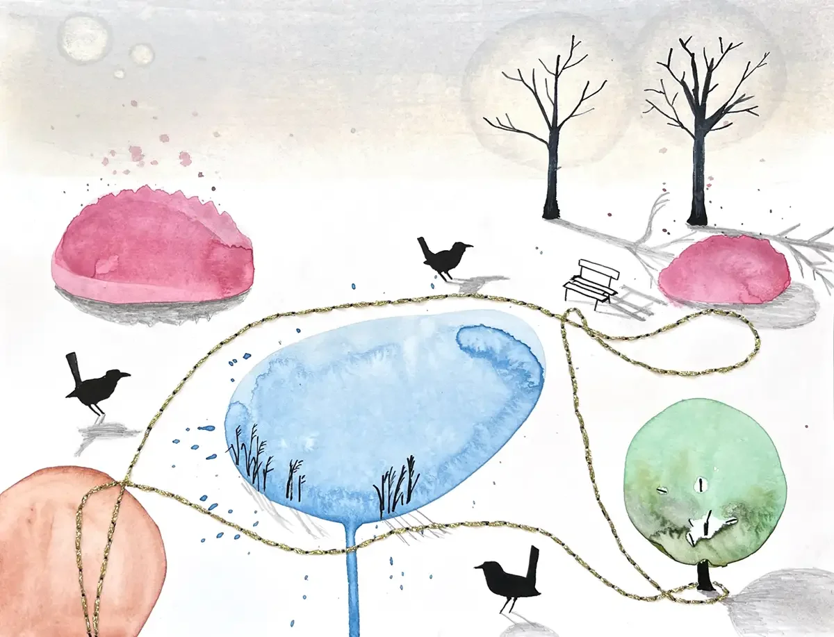A Sunday Walk. 32 x 24 cm. 2023. Aquarel, Ink, Pencil and Embroidery on Paper.