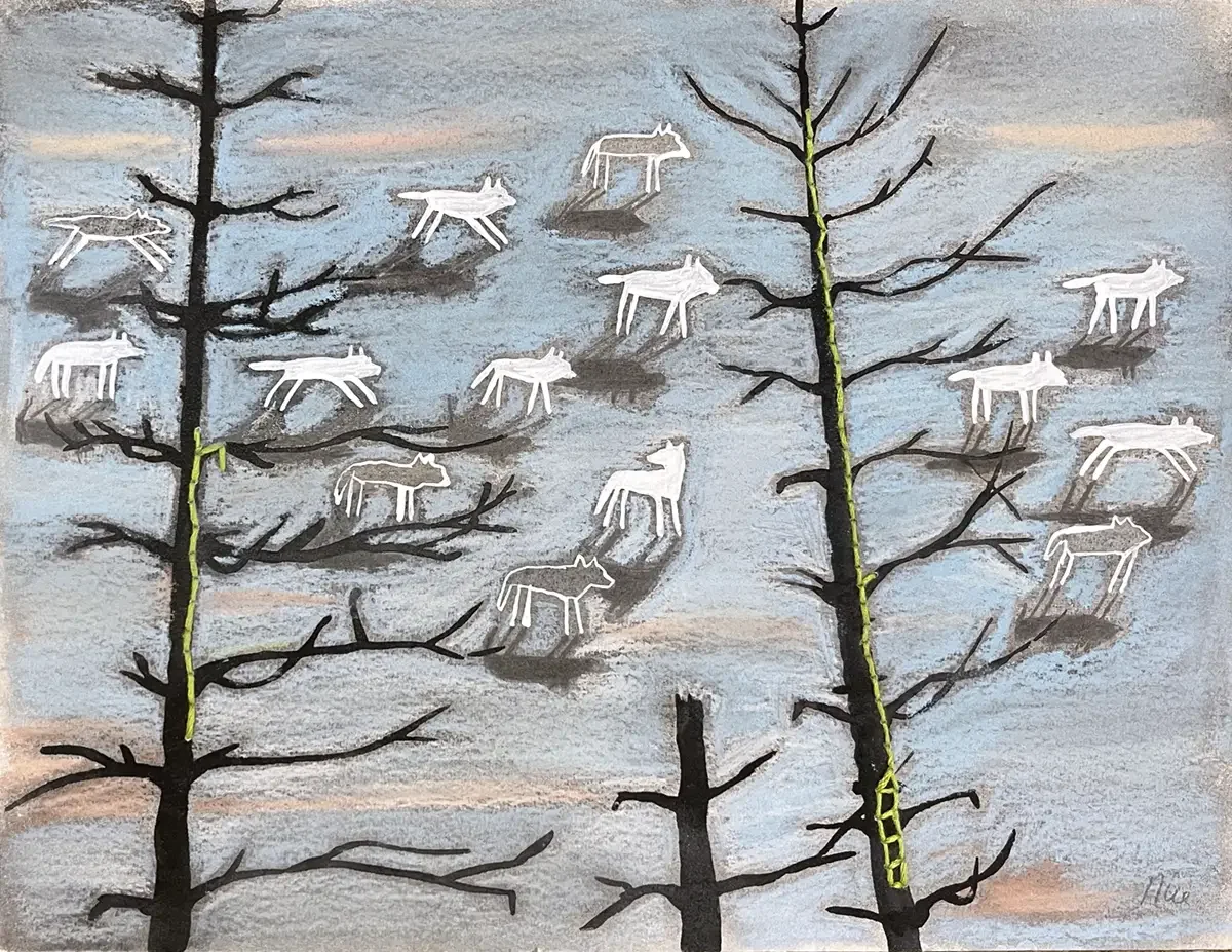 The Wolves. 24 x 32 cm. 2026 Aquarel, Ink, Softpastel and Embroidery on Paper