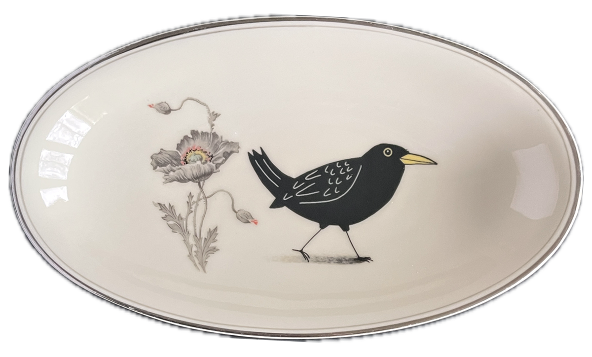 Vintage schaaltje met Merel (zilveren randje)