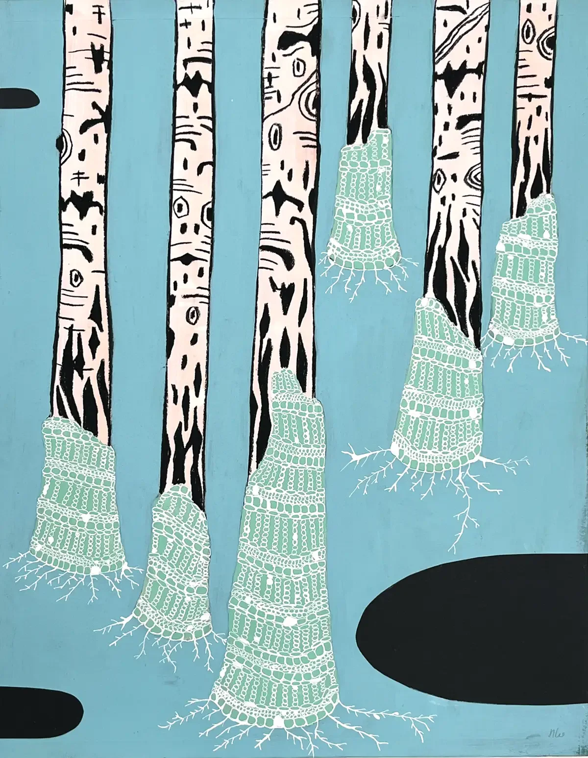 Black Pools in the Forest. 50 x 65 cm. Acrylic, Ink, Charcoal and Collage on Paper.