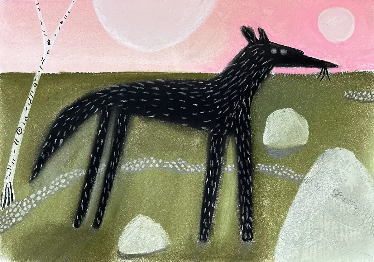 The black wolf. Soft pastel and pencil on paper. 30 x 42 cm. 2026