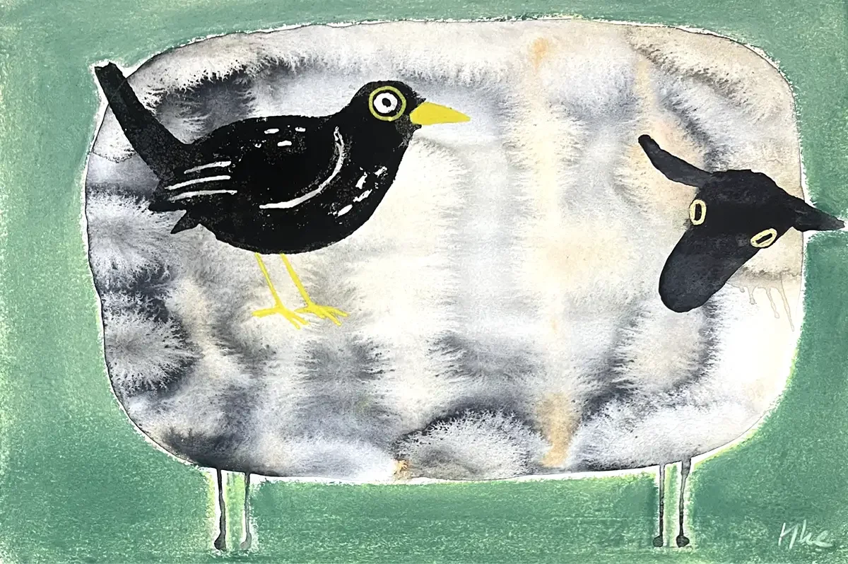 Sheep with Bird. 20 x 30 cm. 2025. Aquarel, Softpastel and Lino print on Paper