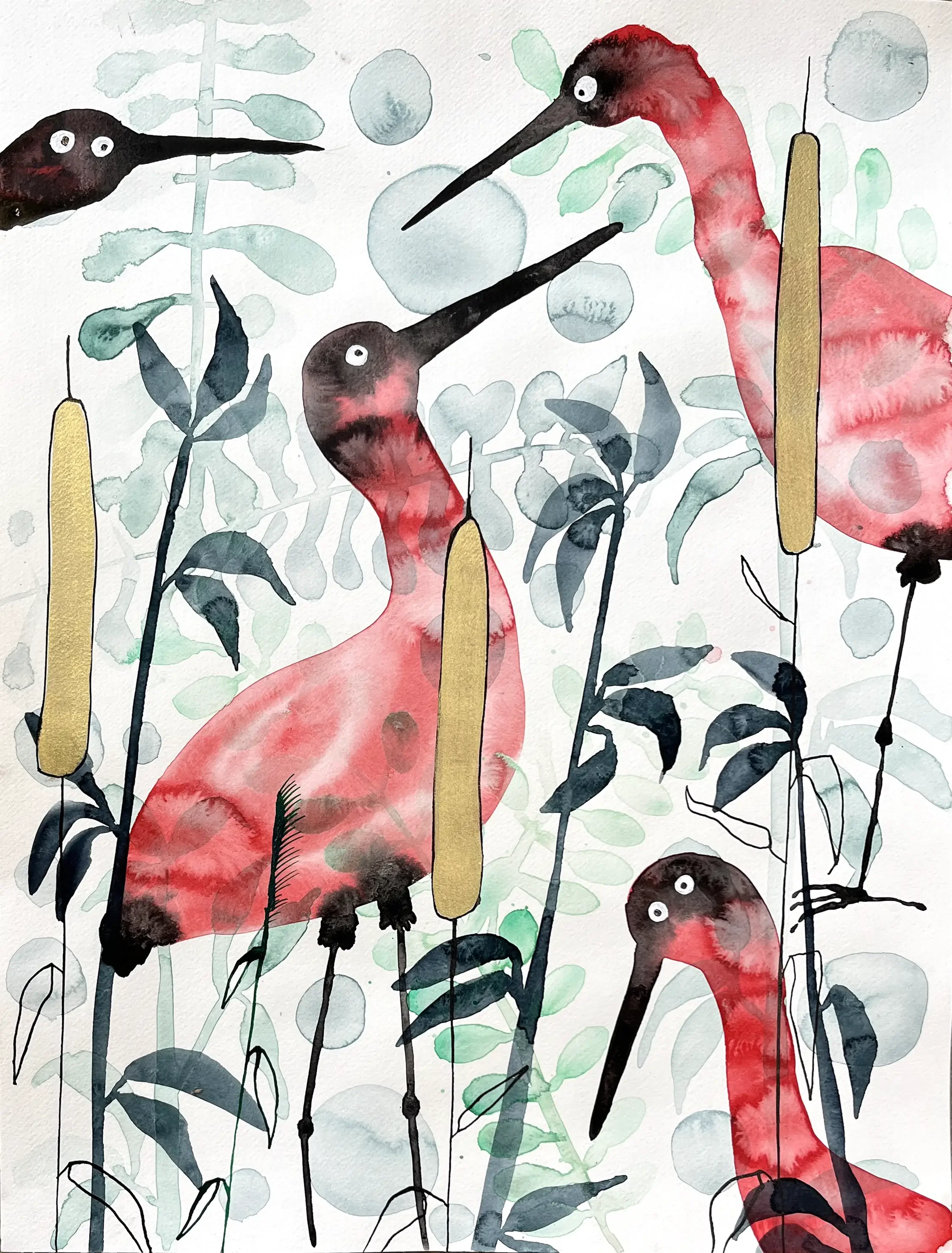 Ibises in green and golden reeds