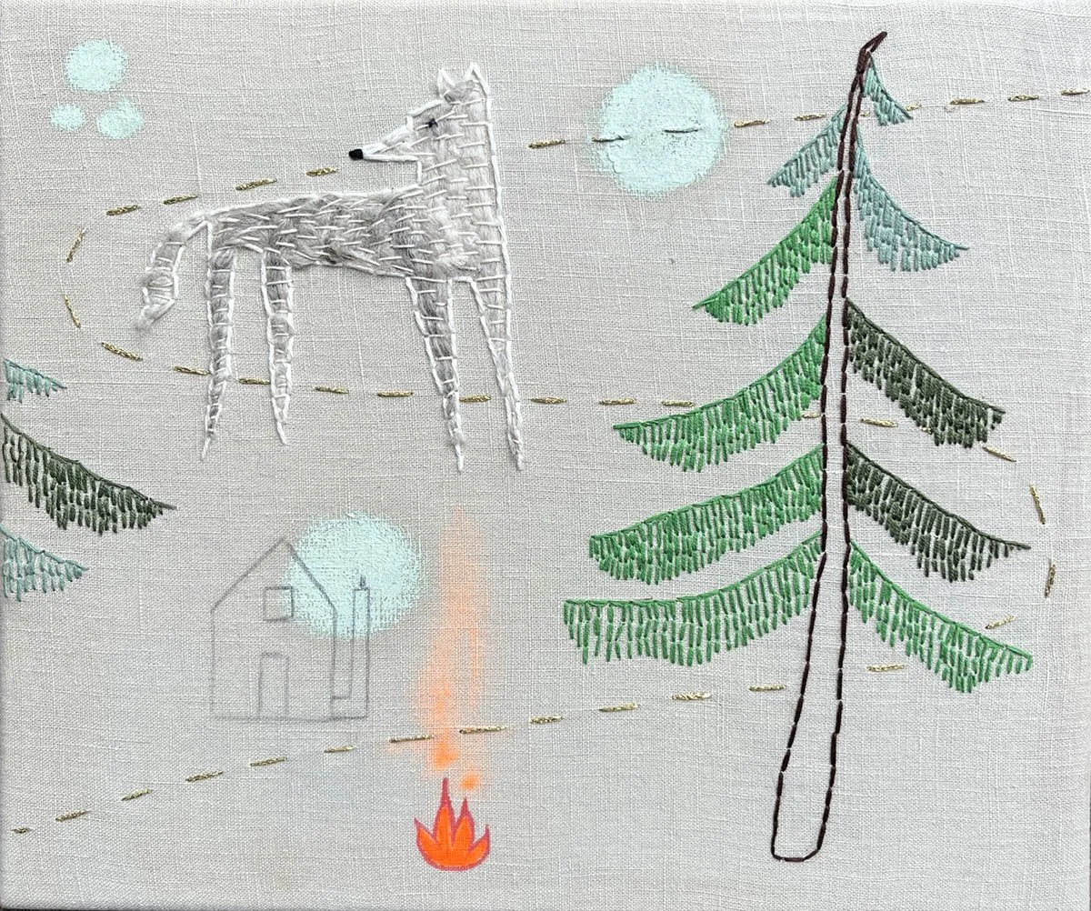Homeland. Embroidery, Oil stick, Acrylic and Pencil on Canvas. 35 x 30 cm. 2026