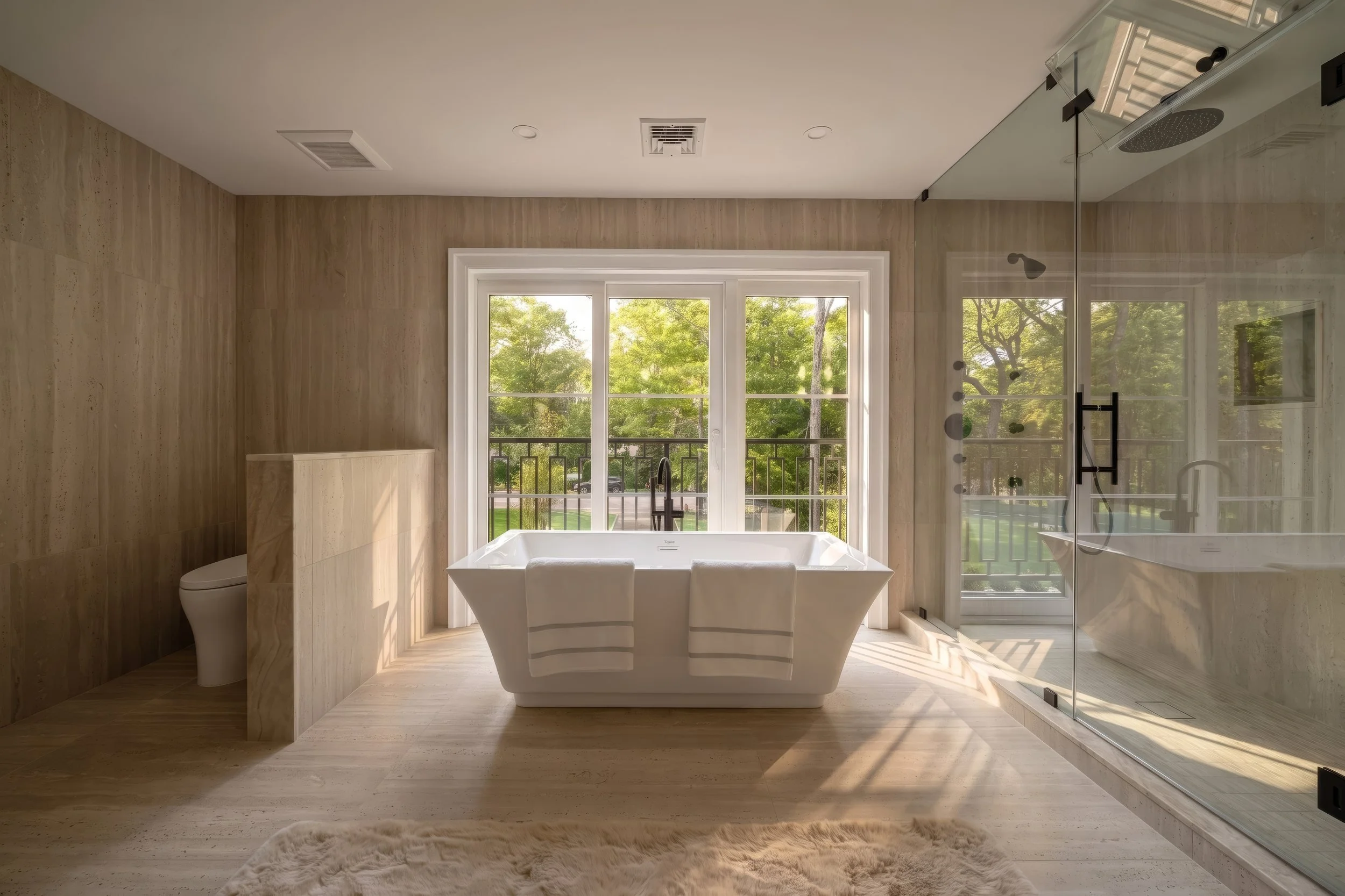 Spa-style primary bathroom with freestanding tub and wood-paneled walls
