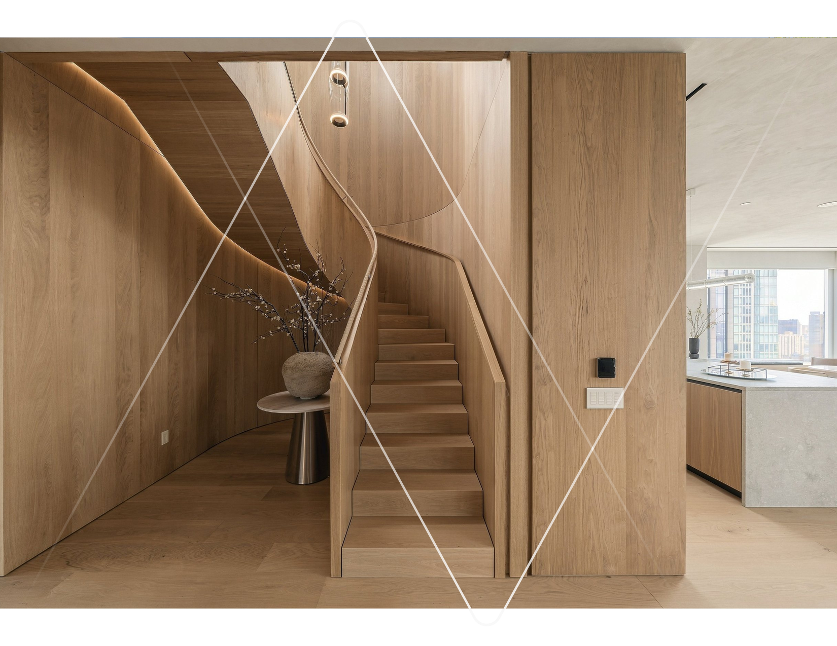 Curved white oak spiral staircase in a Manhattan penthouse, architectural interior photography by ARAZ Media