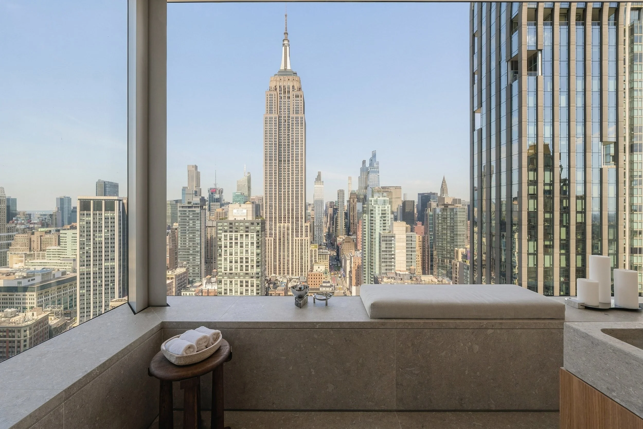 Stone bathtub facing the Empire State Building in a Manhattan penthouse
