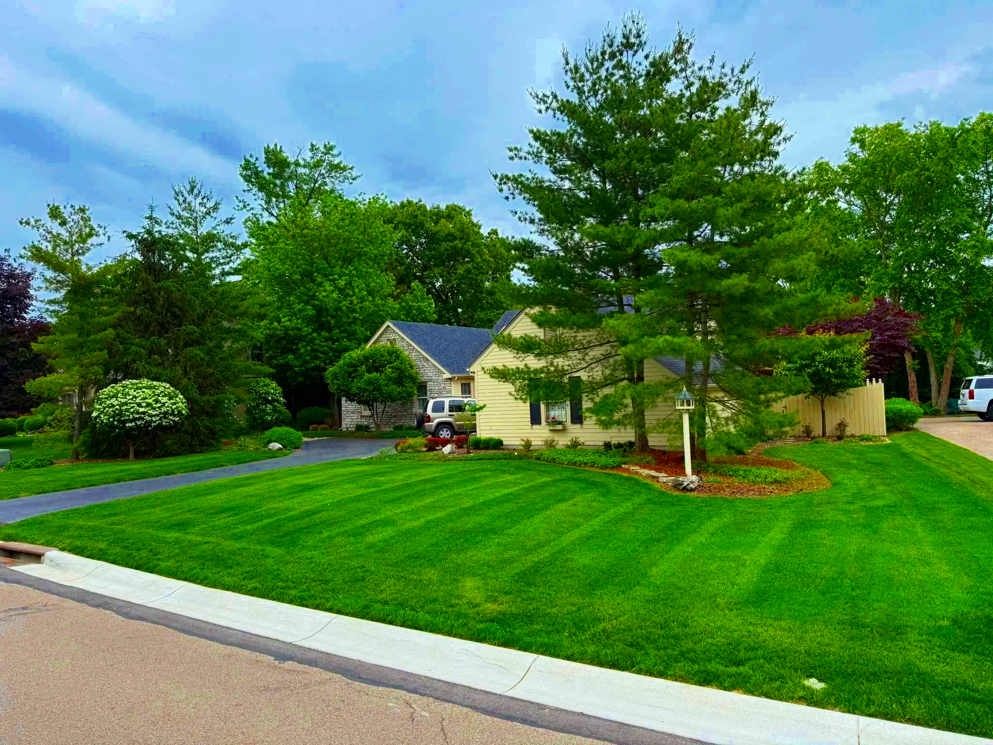 A well-maintained front yard with lush green grass, trees, and shrubs surrounding a yellow house with a dark blue roof, a driveway with parked vehicles, and a clear blue sky overhead.