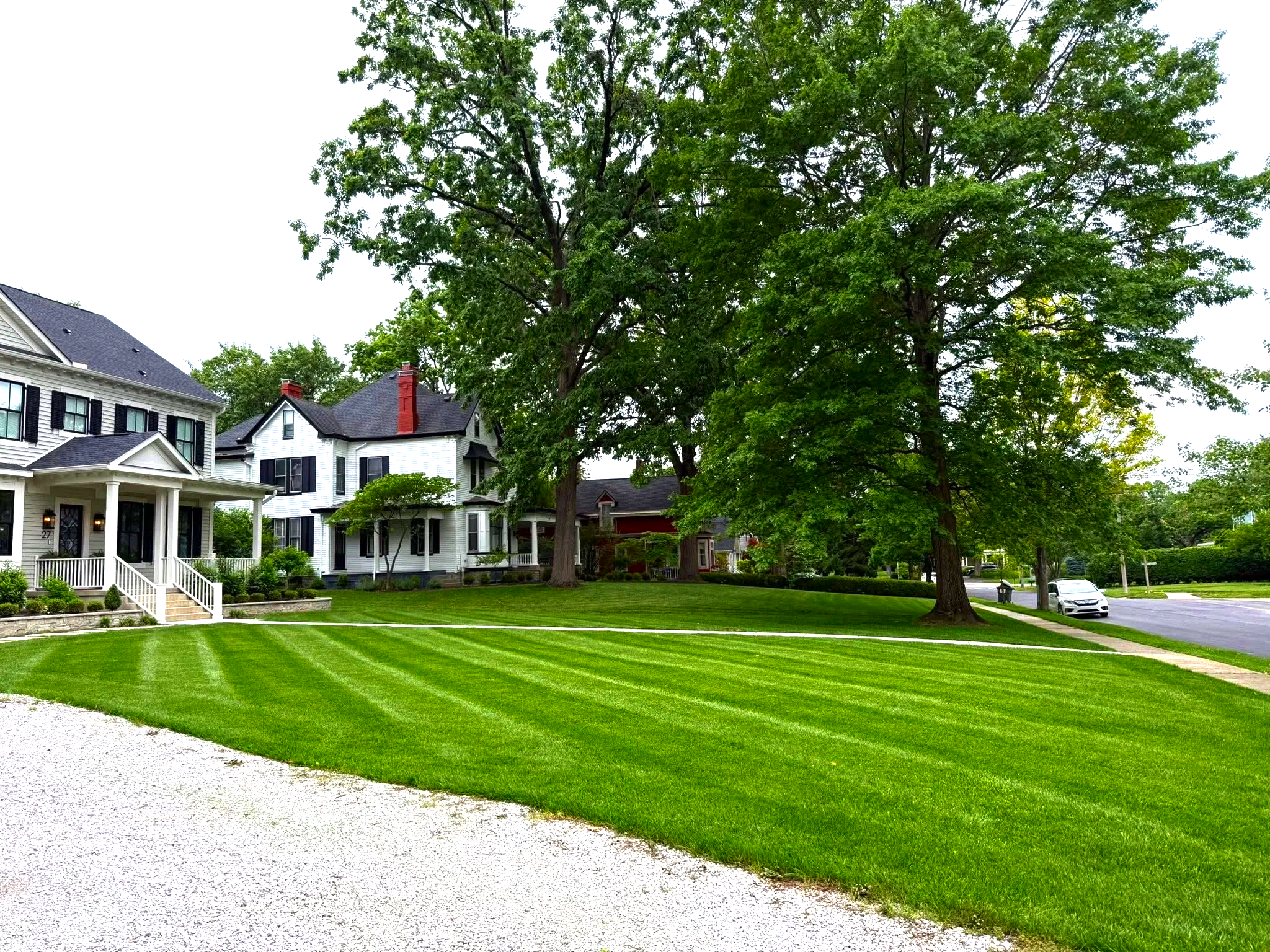 A suburban neighborhood with well-manicured lawns, large trees, and classic American style houses.