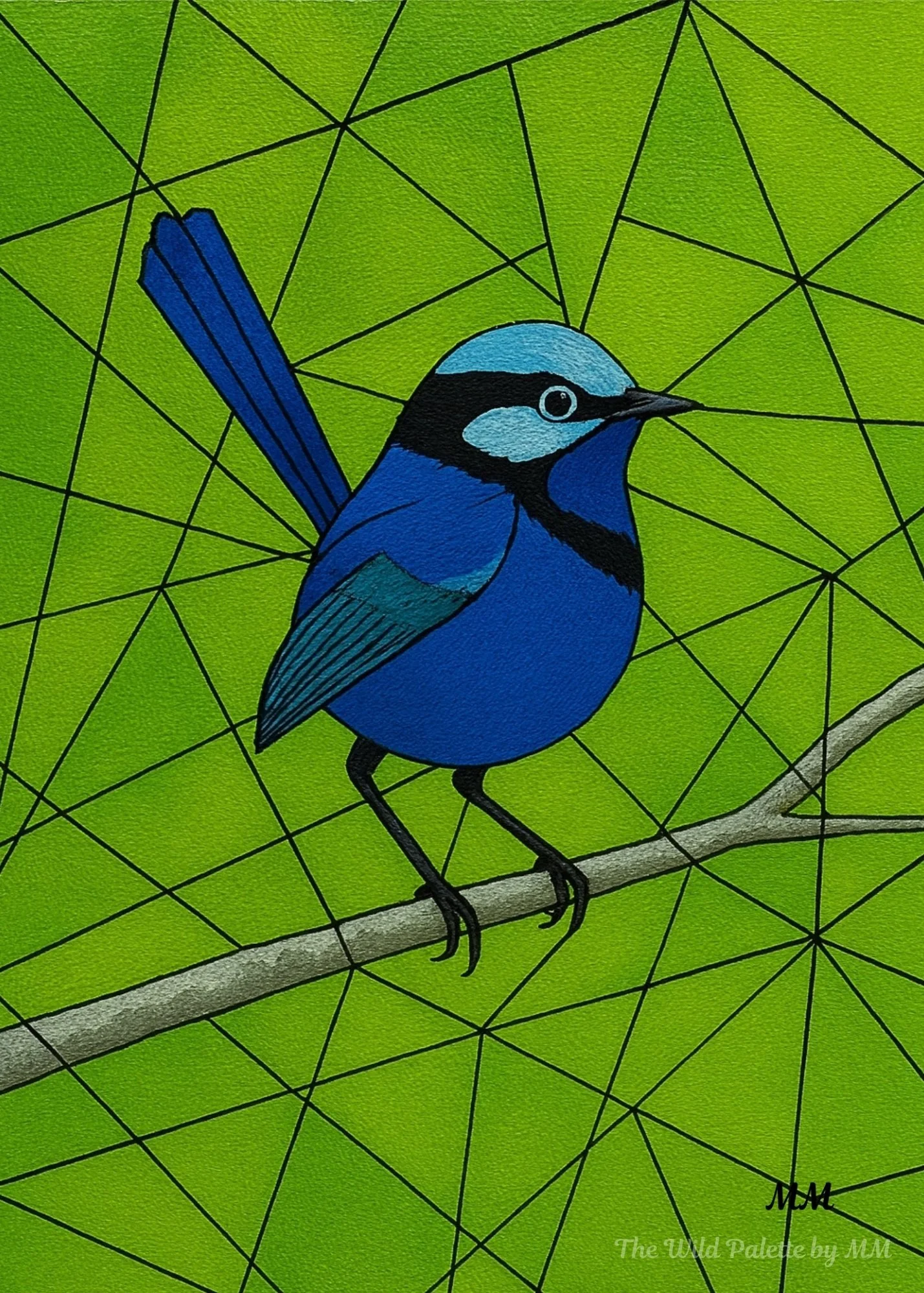 This artwork reimagines the beloved Blue Wren (Splendid Fairywren) in a fresh, modern way. While the bird is painted with delicate realism, its world is transformed into a striking geometric background of intersecting lines and vivid green tones.
