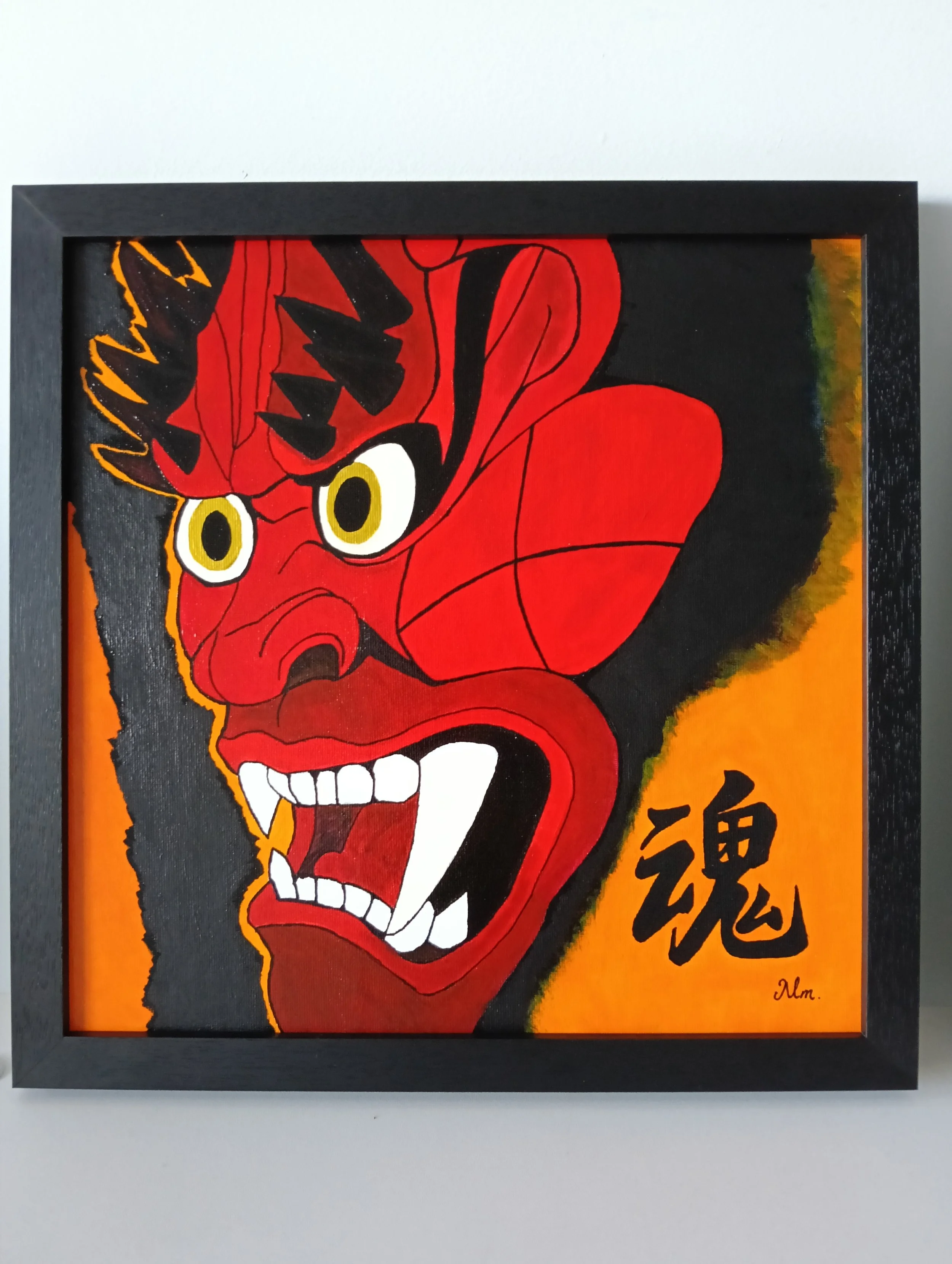 Acrylic painting of a fierce oni mask inspired by Japan’s Nebuta festival, featuring bold brushwork and the kanji ‘魂’ (soul) on a square canvas. The mask radiates intensity and emotion, framed and ready to hang.