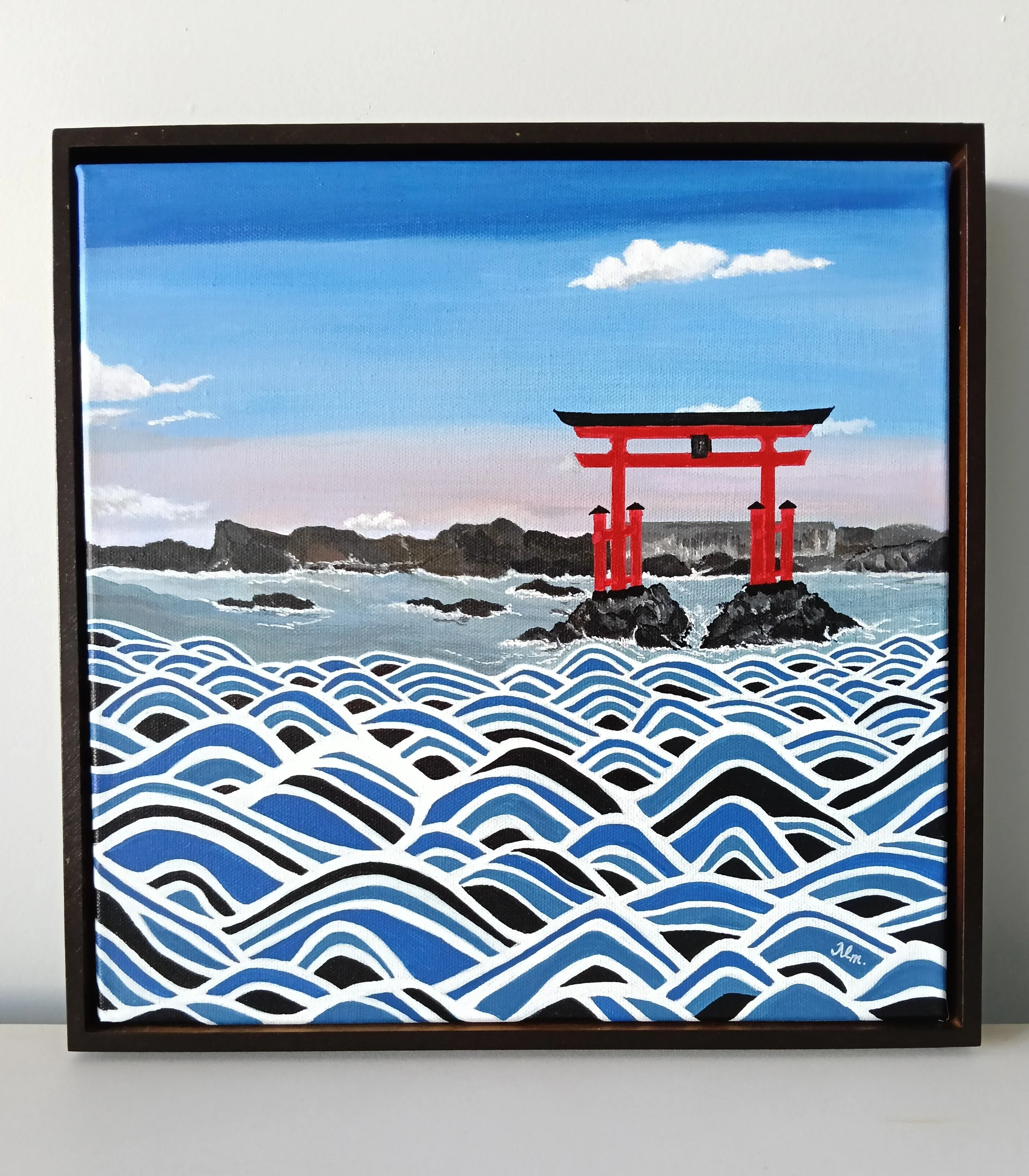 Acrylic painting on canvas titled "Torii of the Seigaiha Sea." It depicts a red Japanese Torii gate standing on dark rocks, with the ocean rendered in a bold, stylized blue and black repeating Seigaiha wave pattern.