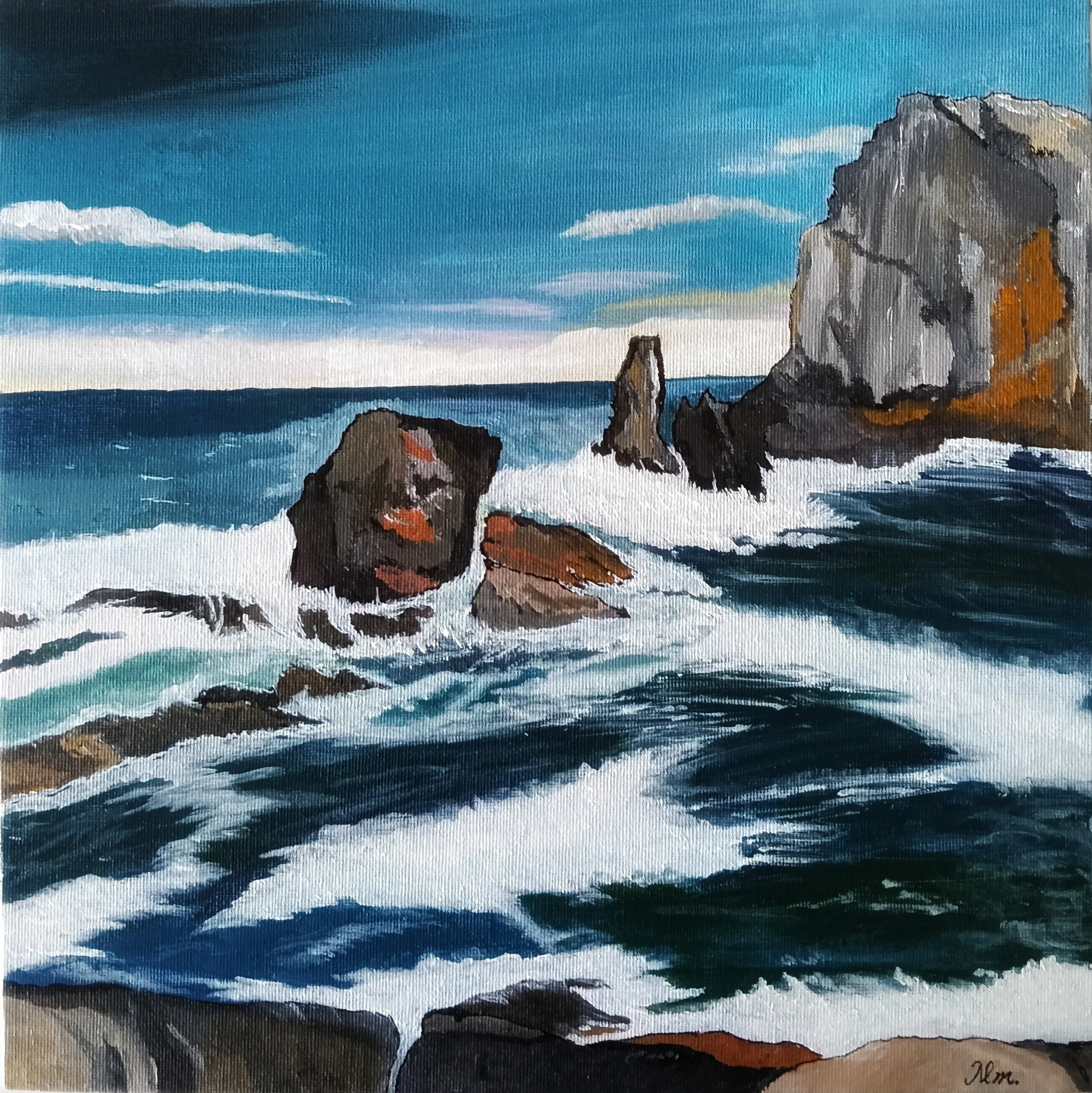 Dramatic coastal scene with crashing waves and rugged cliffs, gifted as a heartfelt offering of gratitude