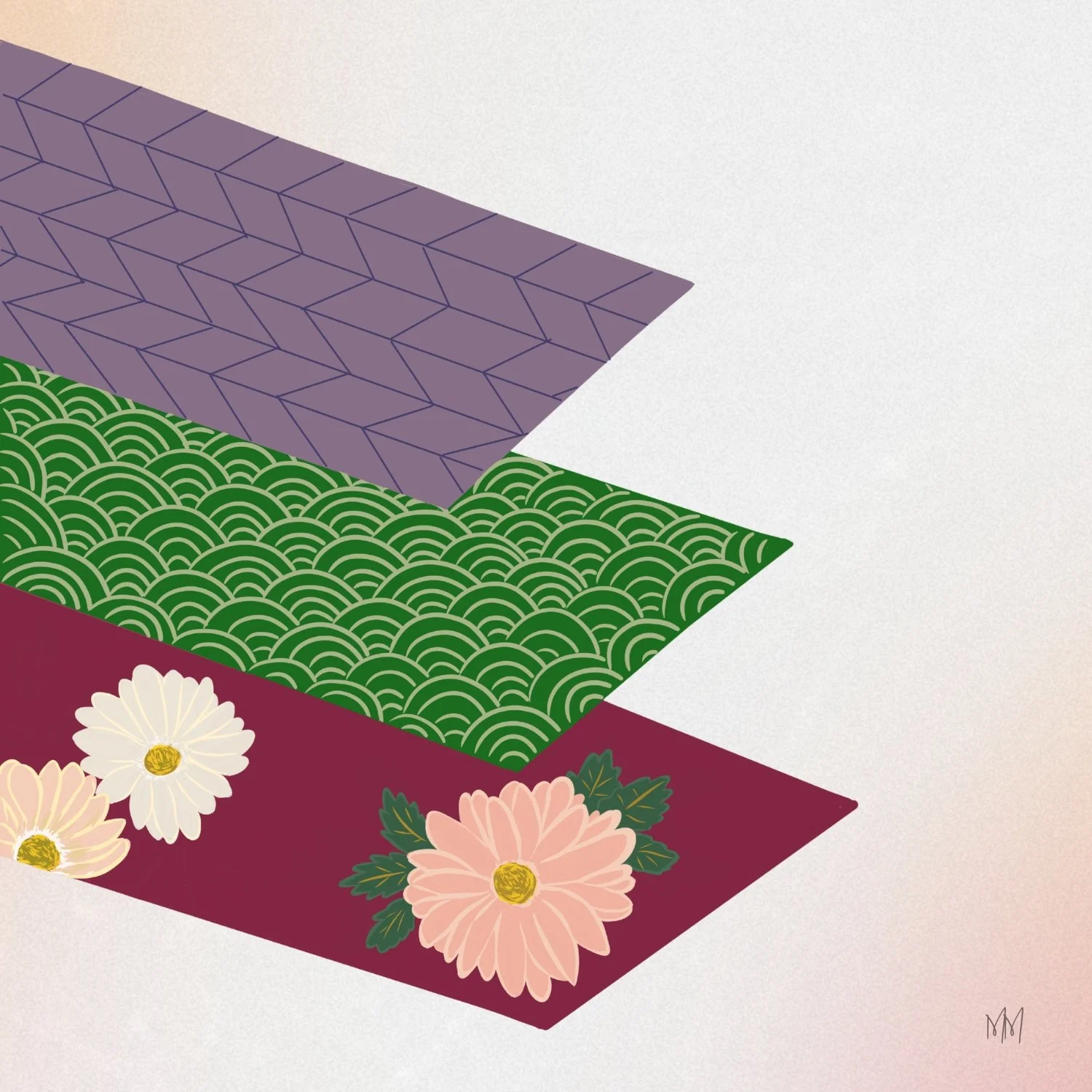 Square Japanese‑inspired digital artwork with layered patterns in soft pink, green, and purple tones, displayed in a light wooden frame on a neutral wall.