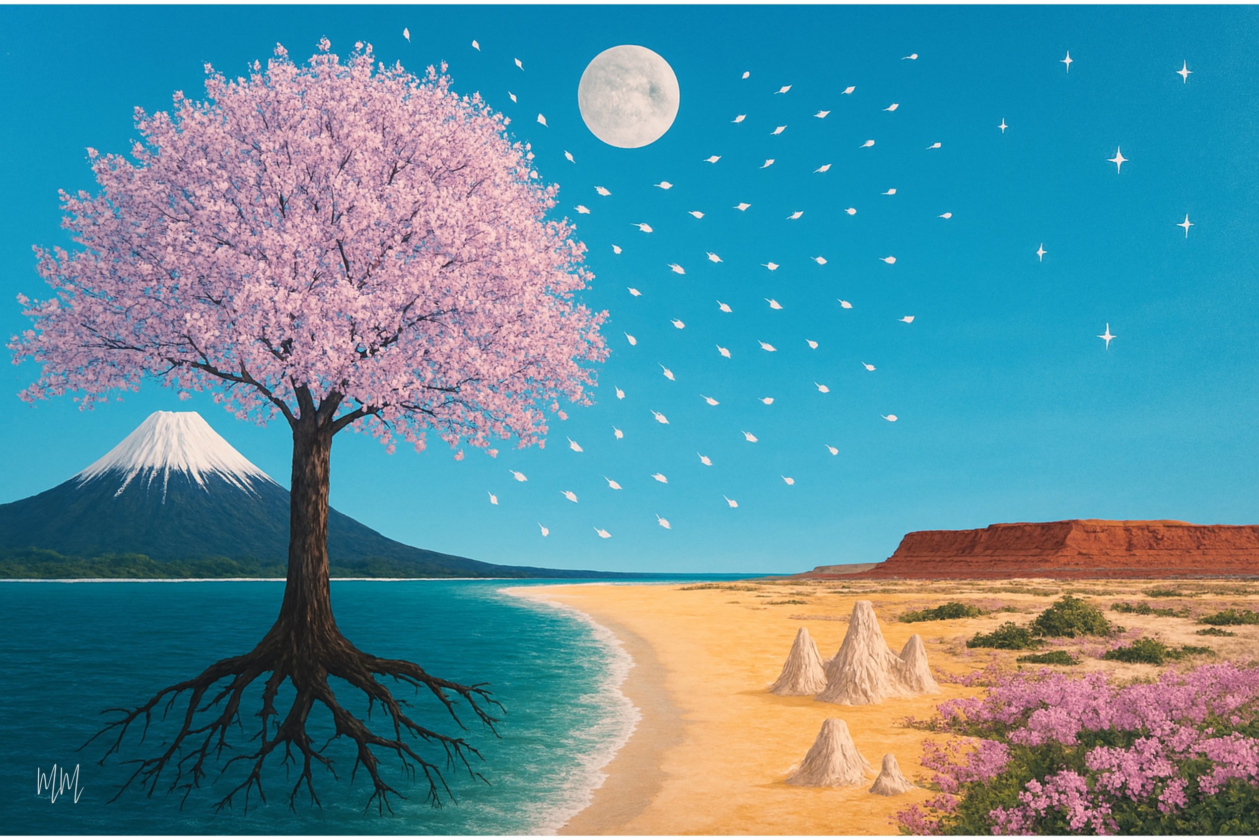 A surreal digital artwork blending Japanese cherry blossoms and Western Australian desert landscapes into one continuous scene, symbolising a life rooted in both cultures.