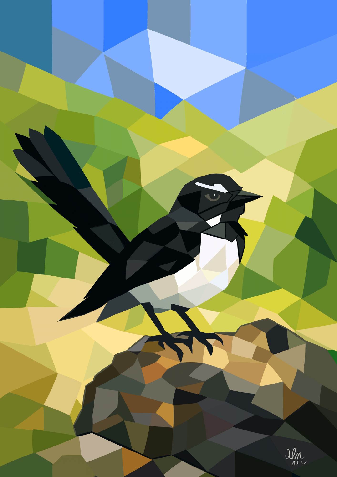 Geometric digital artwork of a Willie Wagtail from Western Australia, polygon style bird illustration.  幾何学スタイルで描かれたウィリー・ワグテイル（西オーストラリアの鳥）のデジタルアート。