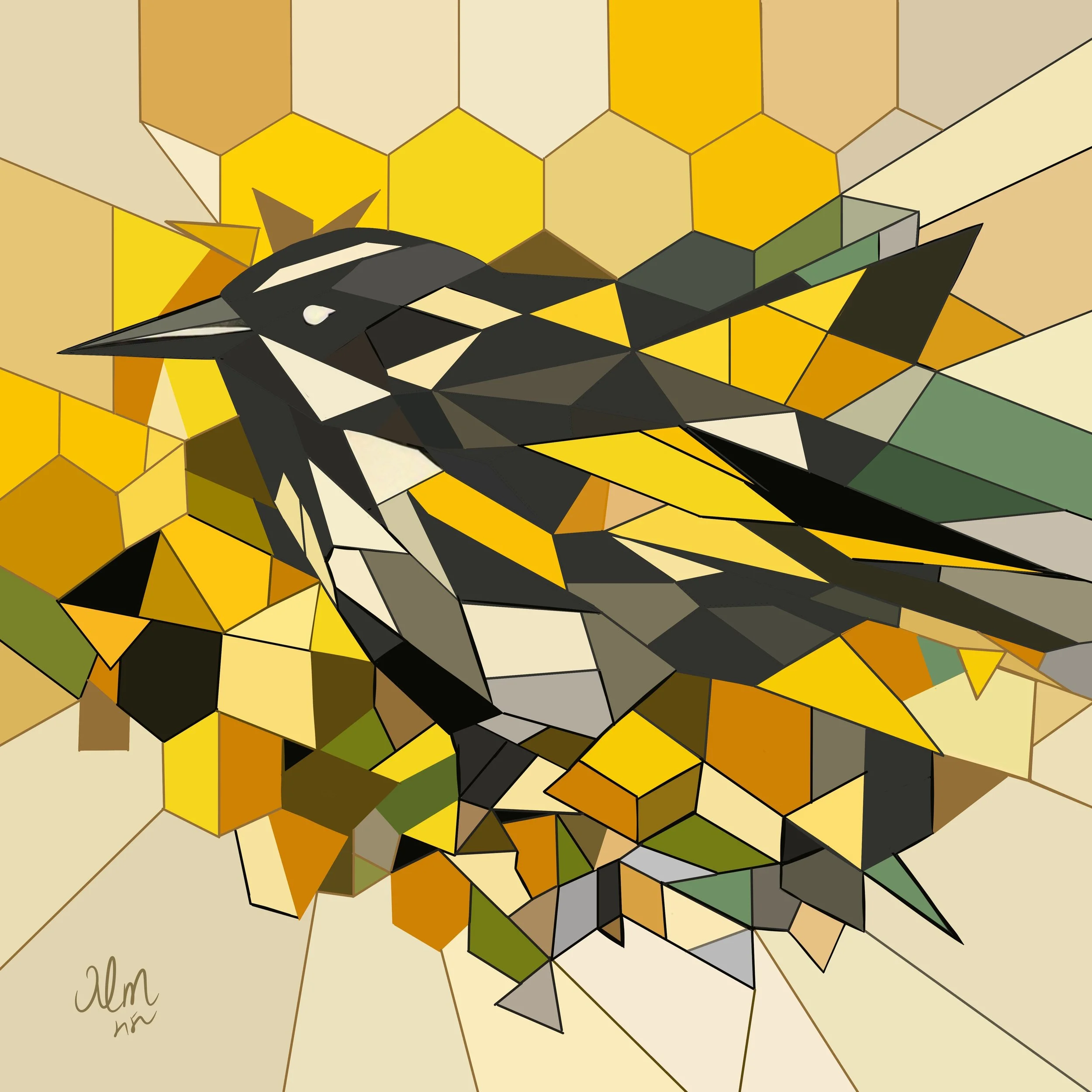 Geometric New Holland Honeyeater digital illustration with bold facets, honeycomb shapes, and warm natural colours